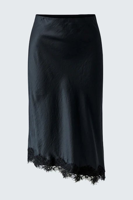 Black pencil skirt with lace hem, perfect for versatile styling. No model, just the skirt.
