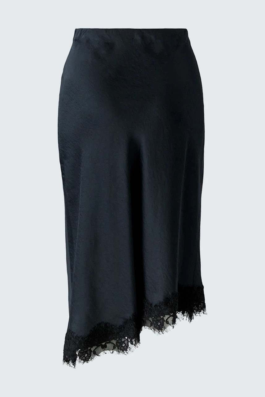 Black pencil skirt with lace hem, perfect for versatile styling. No model, just the skirt.