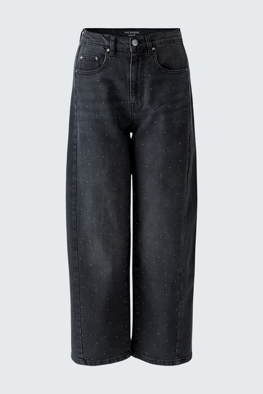 Jeans Barrel: Weite, schwarze Damenjeans ohne Model, mit geradem Schnitt und dezentem Punktmuster.