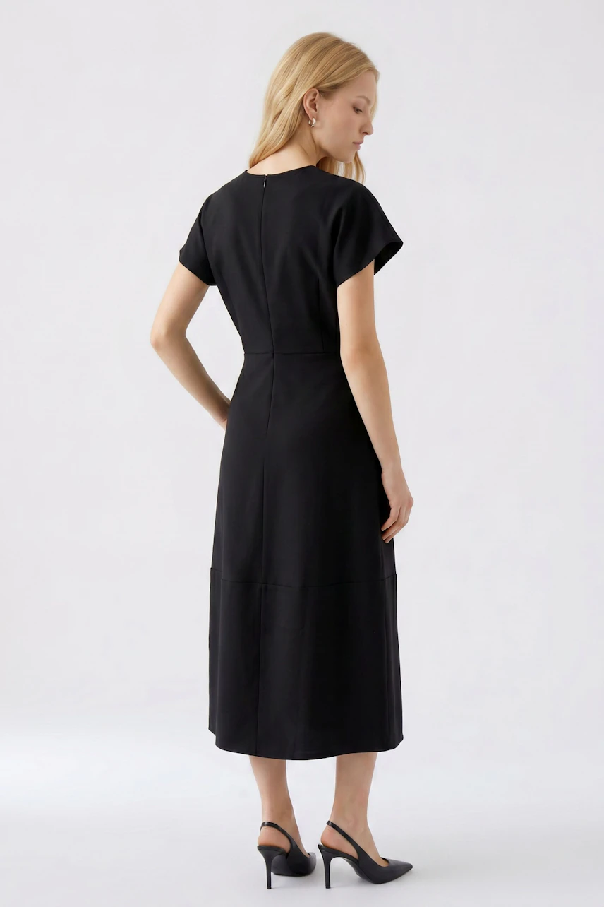 Black dress: Woman in a sleek black dress with short sleeves and a back view, paired with black heels.