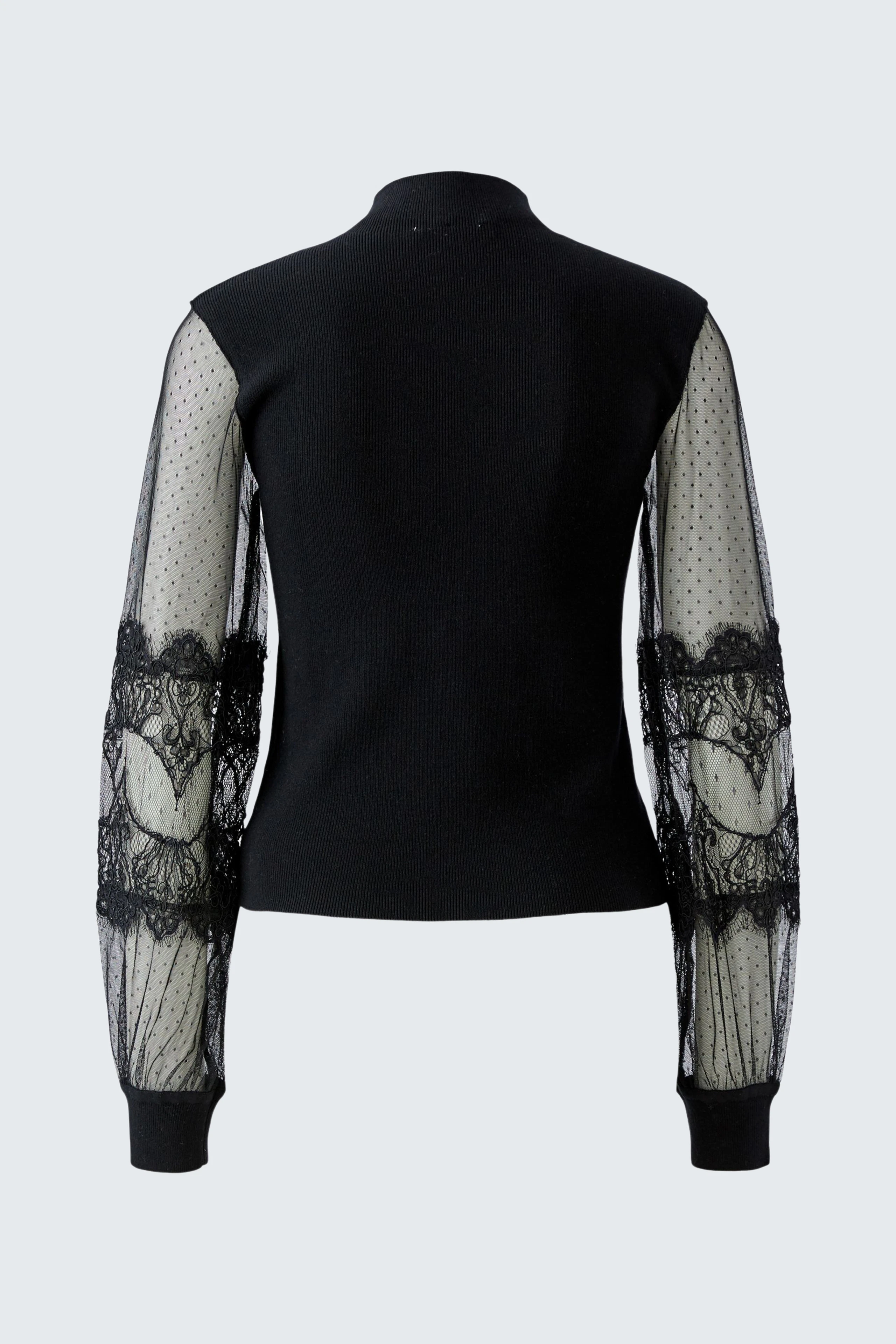 Schwarzer Pullover mit transparenten Ärmeln und Spitzenmuster, Rückansicht ohne Model.