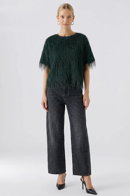Textured women's T-shirt: Dark green, short-sleeved, with a unique, fringed design.