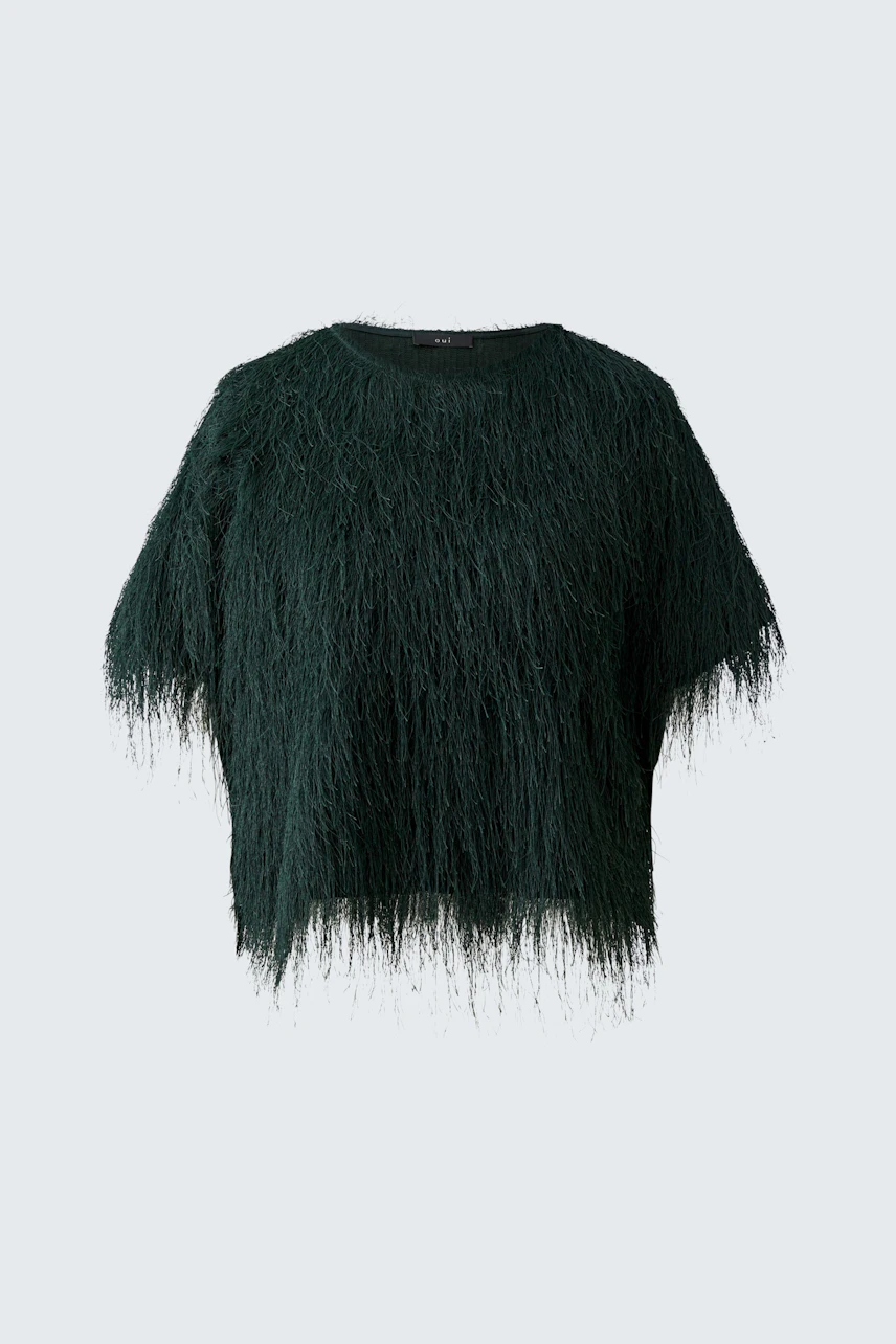 Textured women's T-shirt: Dark green, short-sleeved, with a unique, fringed design.