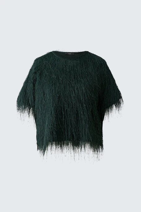 Textured women's T-shirt: Dark green, short-sleeved, with a unique, fringed design.