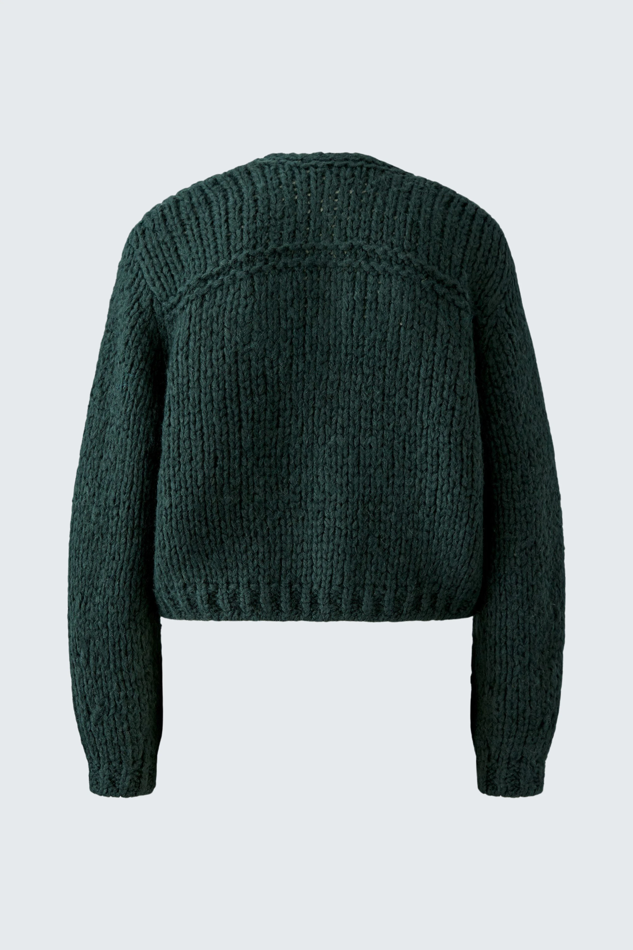 Grüne Strickjacke: Rückansicht der Jacke mit grobem Strickmuster, ohne Model.