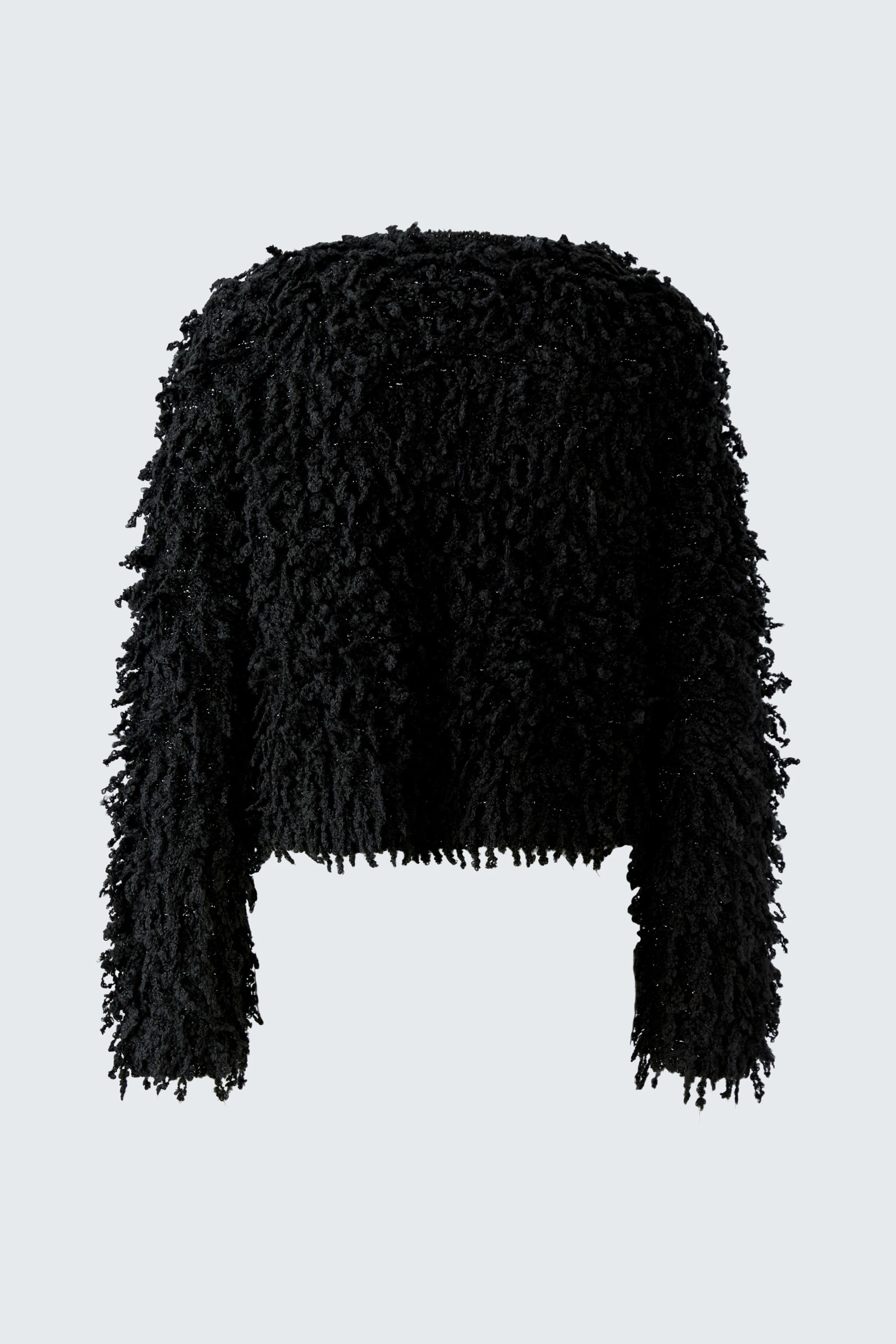 Schwarze Strickjacke: Flauschige Damen-Strickjacke ohne Model, ideal für kühle Tage.