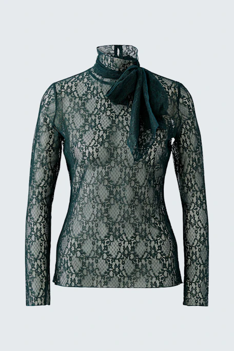 Green lace long-sleeve shirt with a bow detail, perfect for layering or wearing alone.