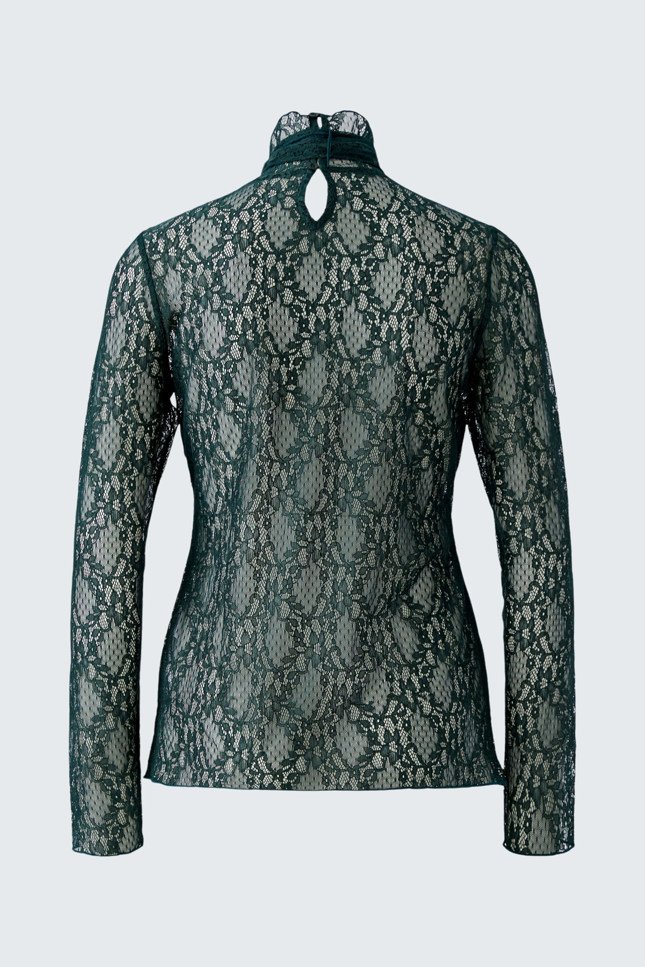 Women's long-sleeve shirt: Green lace design, back view, showcasing intricate pattern and high collar.