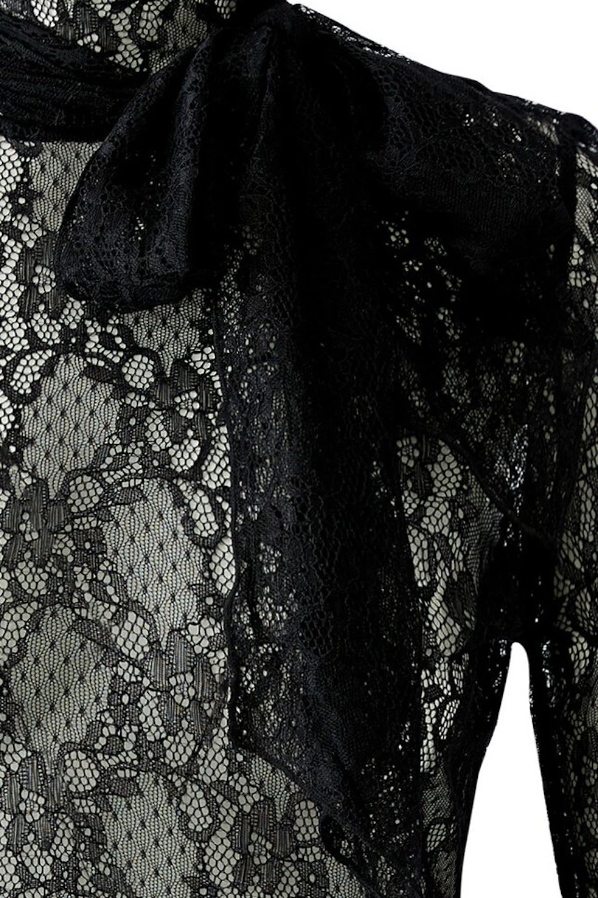 Black lace long-sleeve shirt: Delicate floral pattern, sheer fabric, perfect for layering.