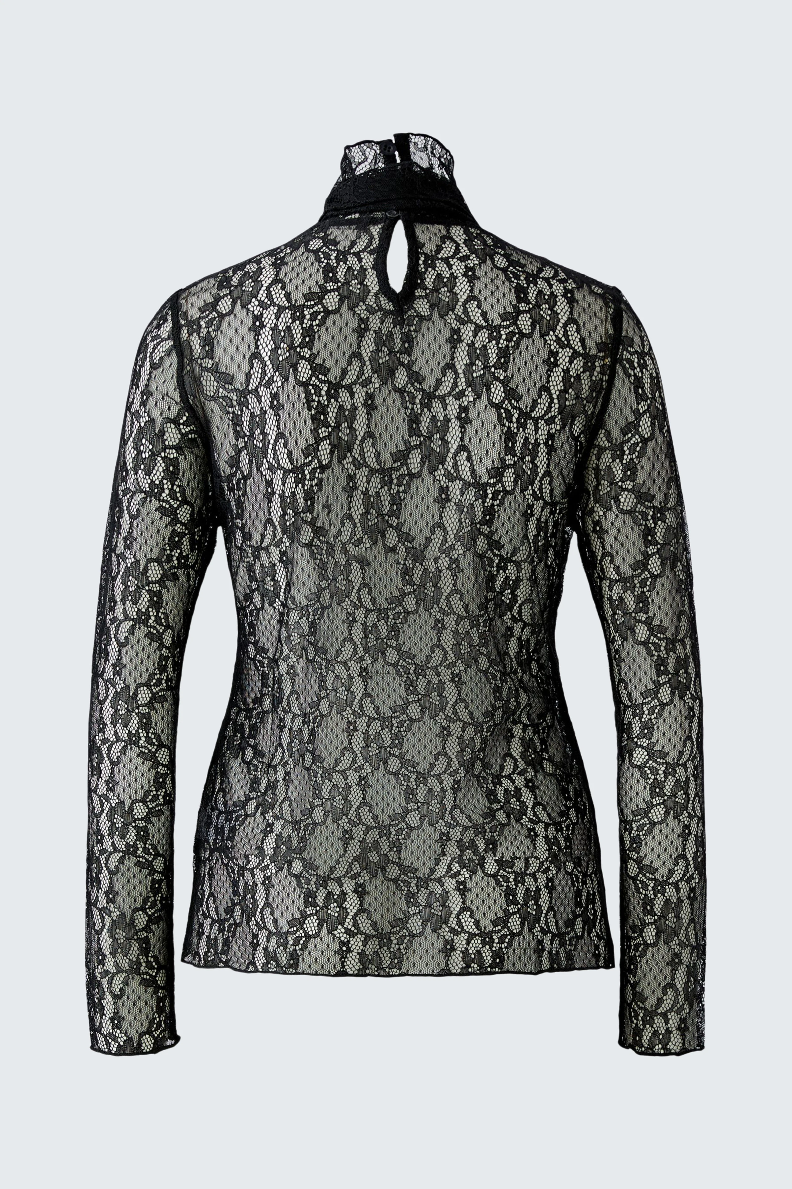 Black lace long-sleeve shirt with high neck, showcasing intricate floral patterns.