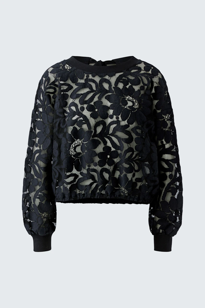 Schwarzer Damen-Pullover: Florales Muster, transparenter Look, ideal für modische Akzente.
