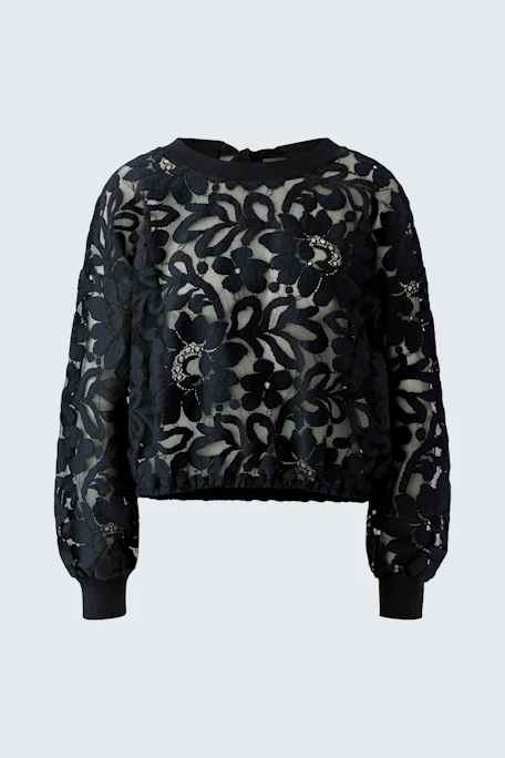 Schwarzer Damen-Pullover: Florales Muster, transparenter Look, ideal für modische Akzente.