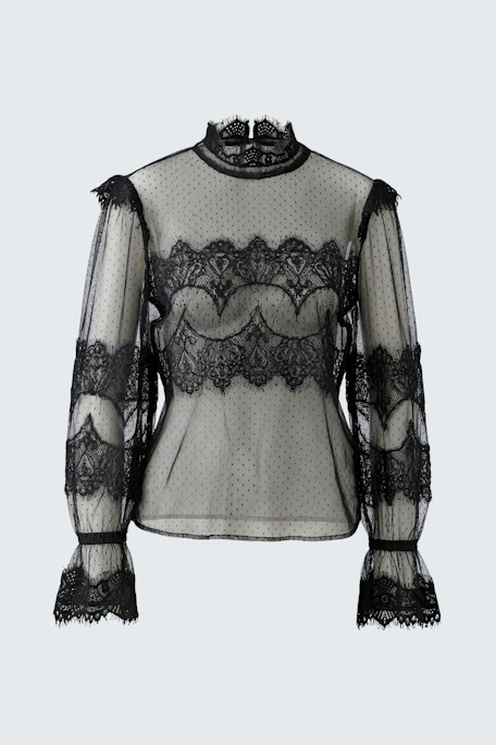 Transparente Damen-Bluse: Schwarze Spitze und Punkte, ohne Model, stilvoll und vielseitig kombinierbar.