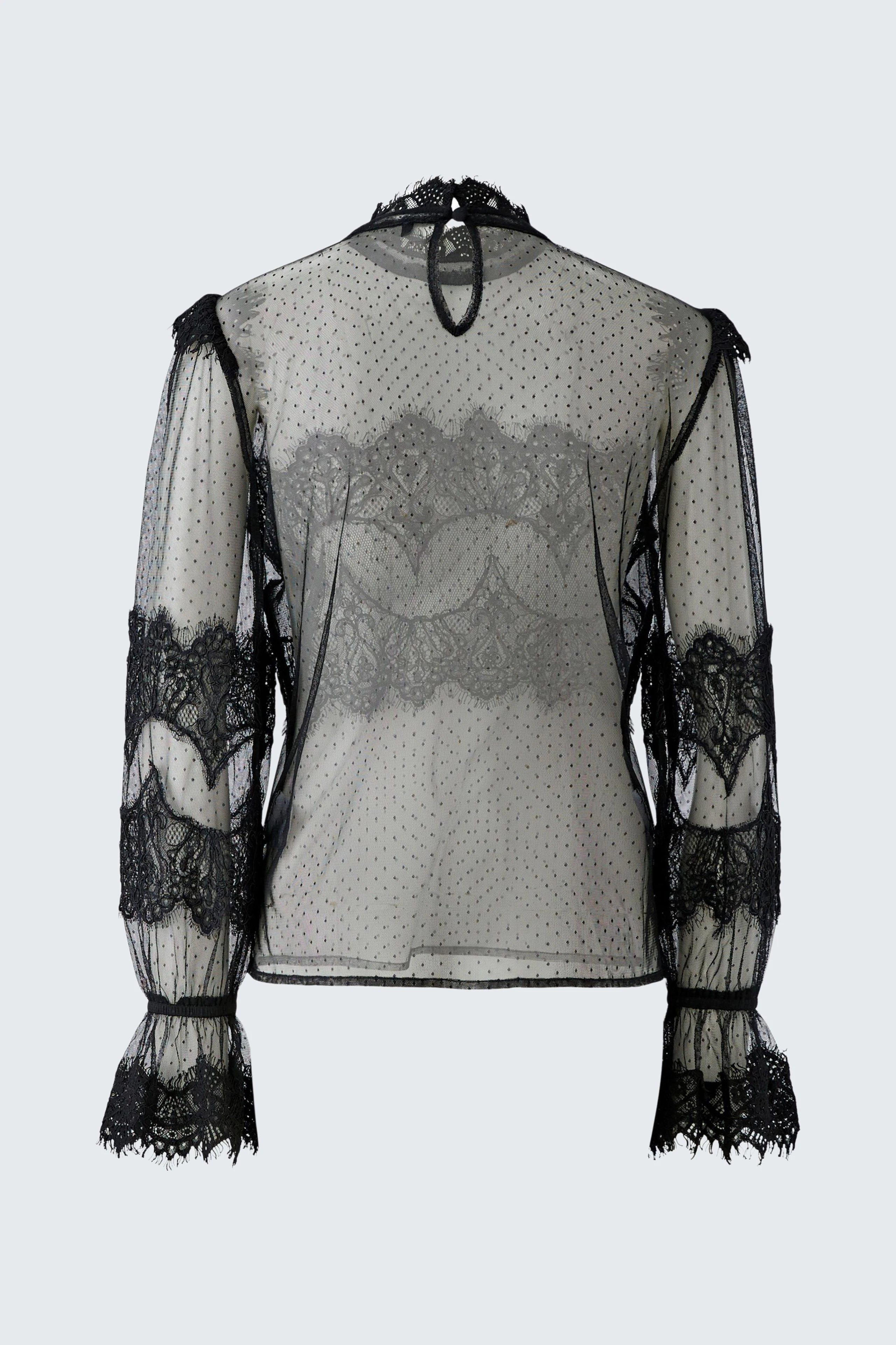 Transparente Damen-Bluse: Schwarze Spitze und Punkte, Rückansicht. Feminin und stilvoll für besondere Anlässe.