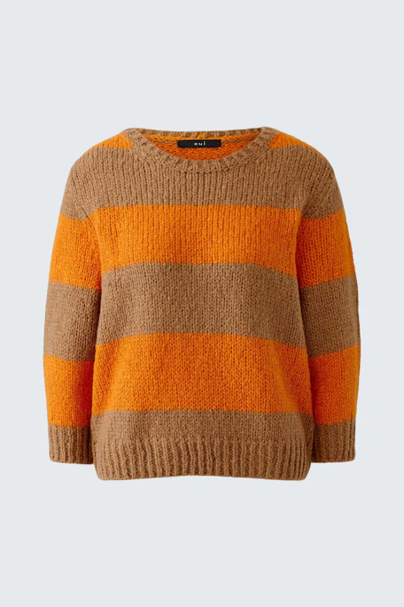 Gestreifter Damen-Pullover in Orange und Braun, ohne Model, aus weichem Strickmaterial.