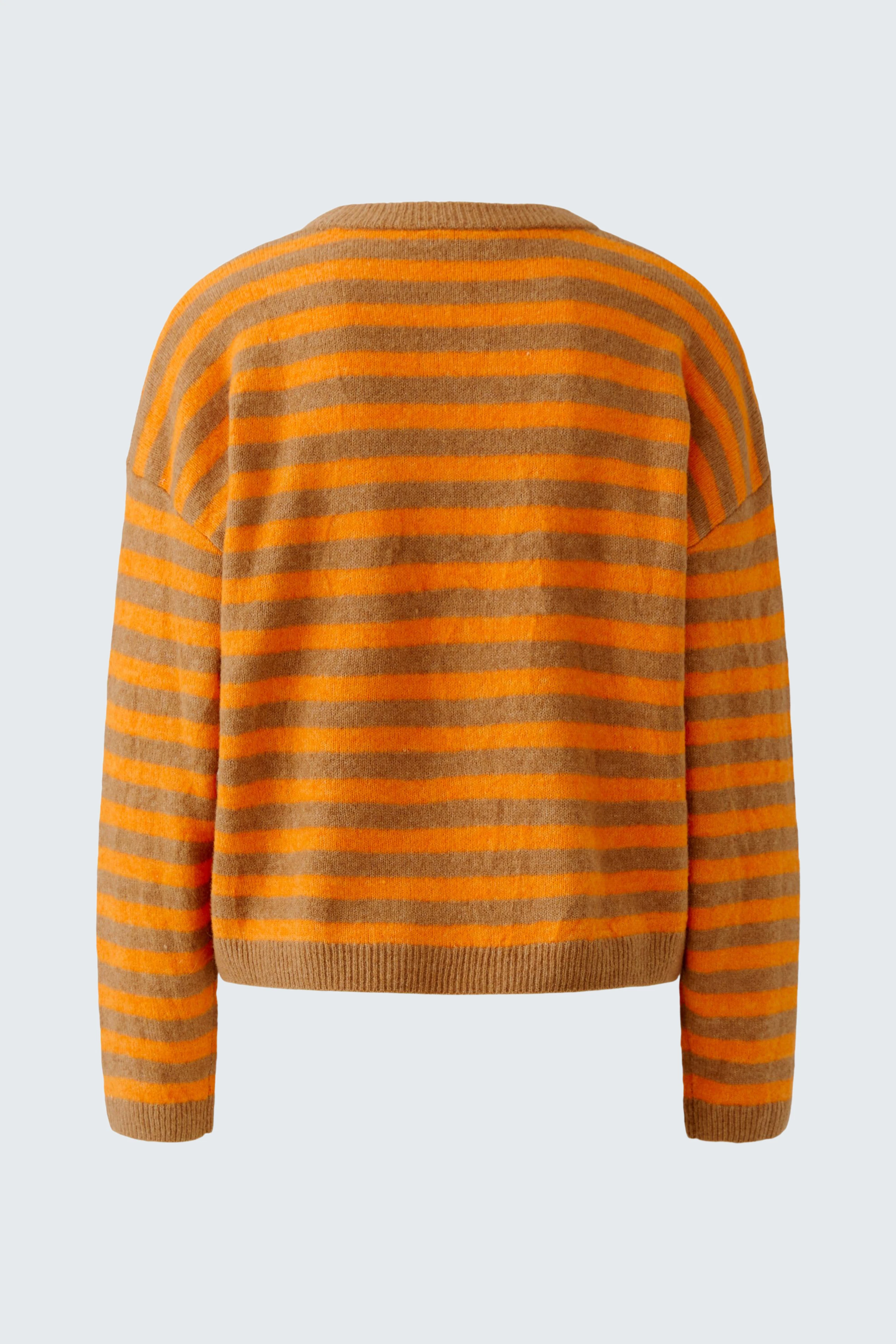 Gestreifter Damen-Pullover in Orange und Grau, Rückansicht. Ideal für einen lässigen Look.