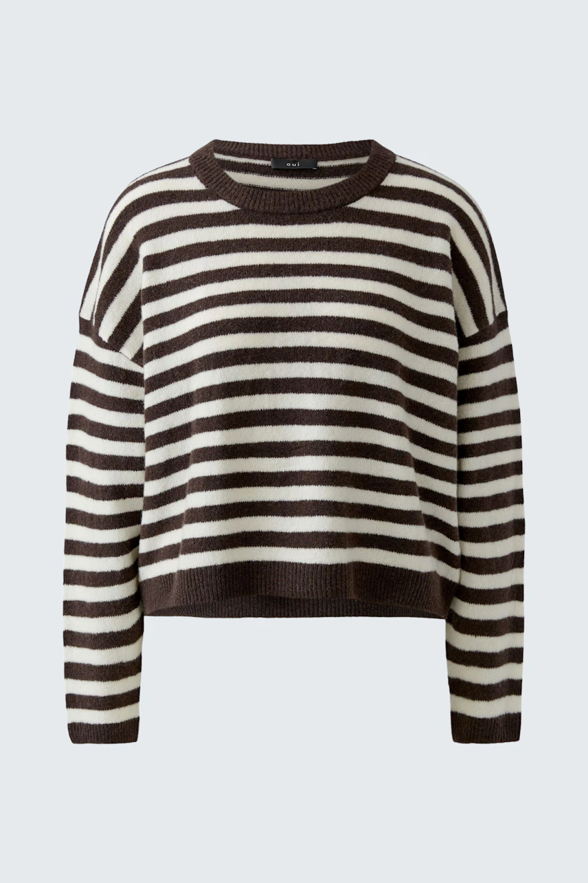 Gestreifter Damen-Pullover: Schwarz-weißer Pullover mit lockerer Passform, ideal für lässige Outfits.
