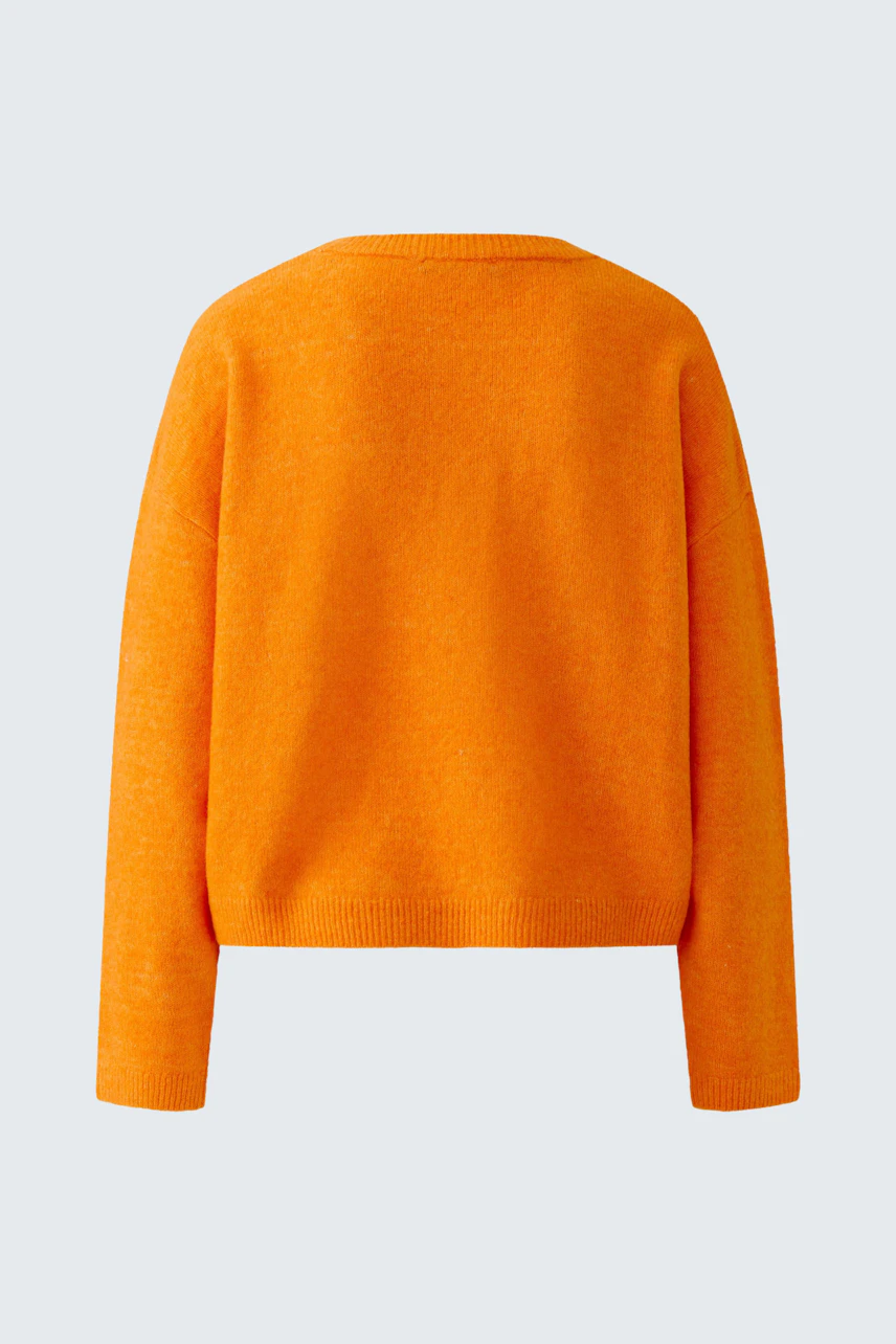 Leuchtend orangefarbener Damen-Pullover ohne Model, Rückansicht, schlichtes Design.