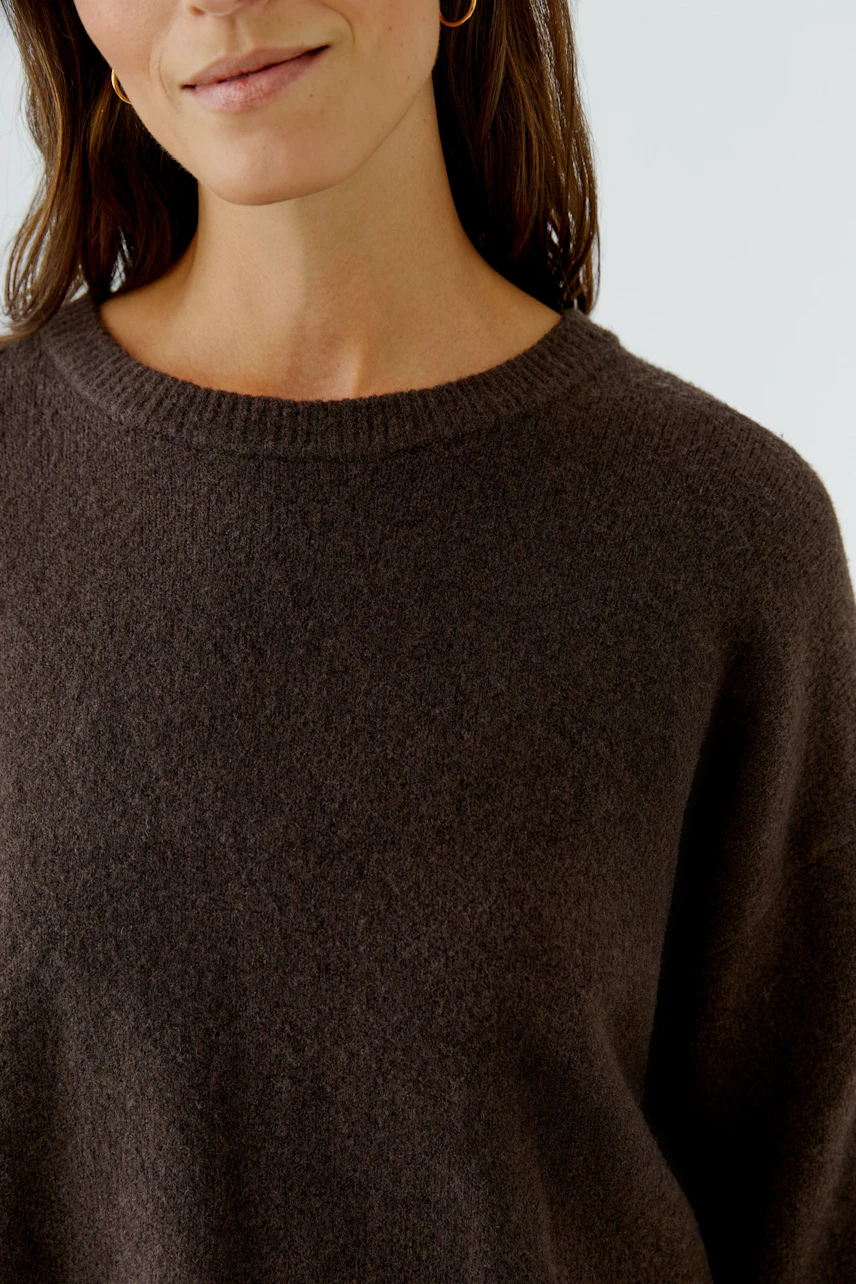 Damen-Pullover: Frau im braunen Pullover mit Rundhalsausschnitt, lässig und bequem.