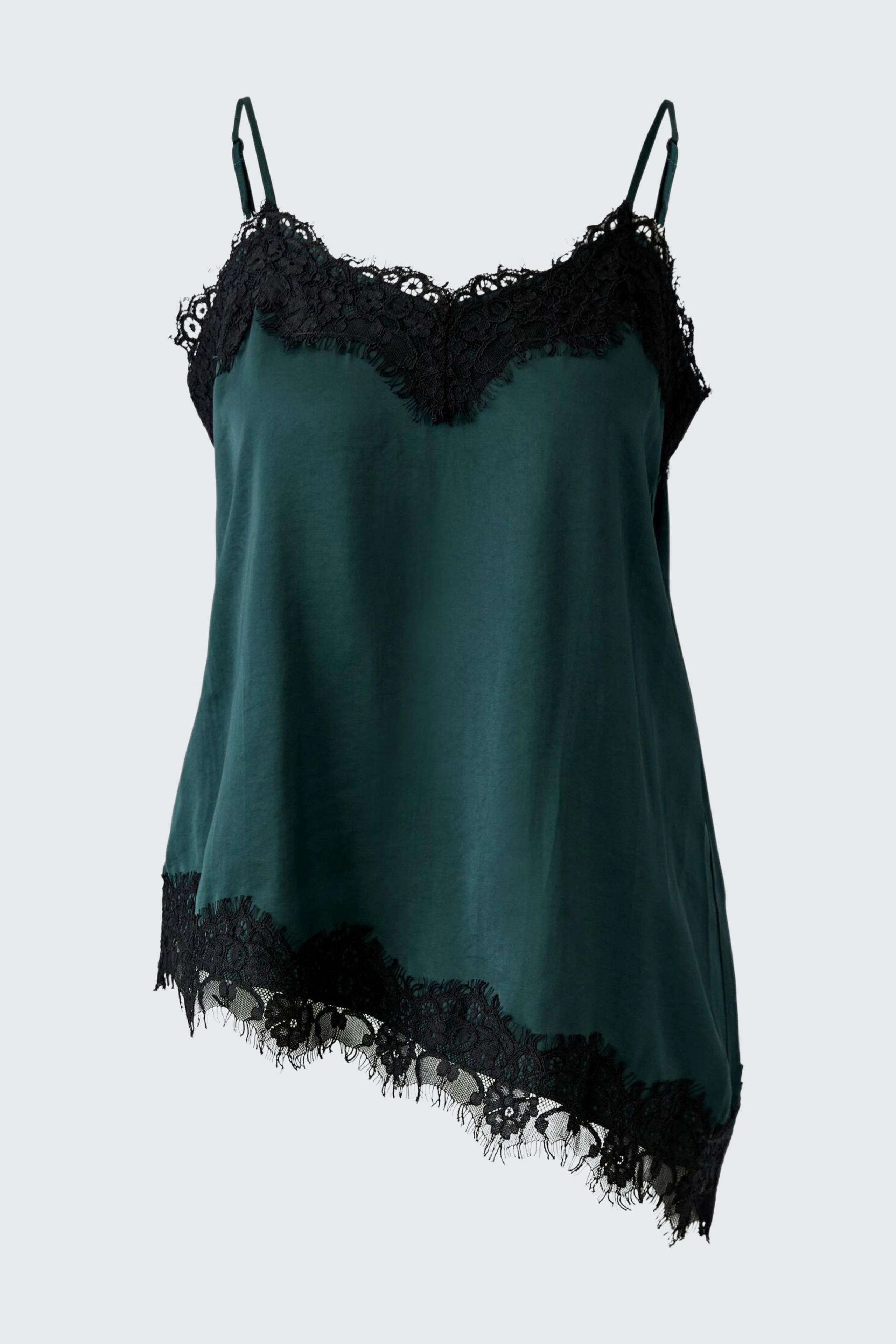 Damen-Top: Grünes Top mit schwarzer Spitze, asymmetrischer Saum. Ideal für lässige Outfits.