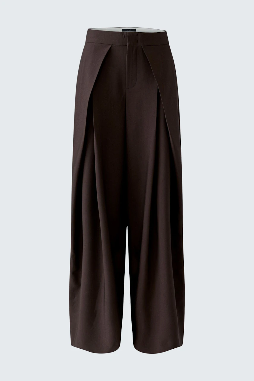 Pleated trousers: Wide-leg brown trousers with a high waist and front pleats, no model visible.