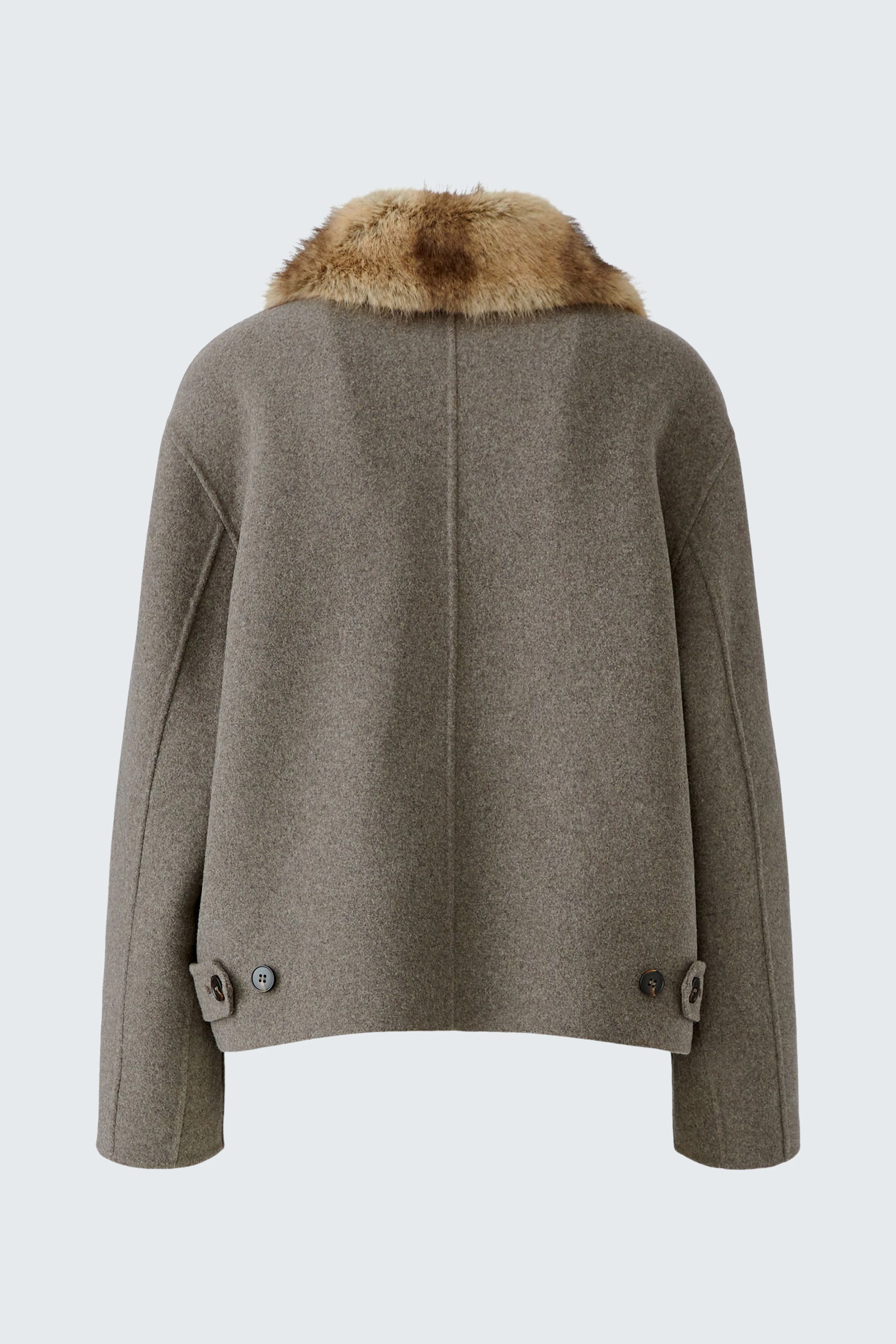 Klassische Damen-Jacke: Graue Jacke mit Kunstfellkragen, Rückansicht ohne Model, schlicht und zeitlos.