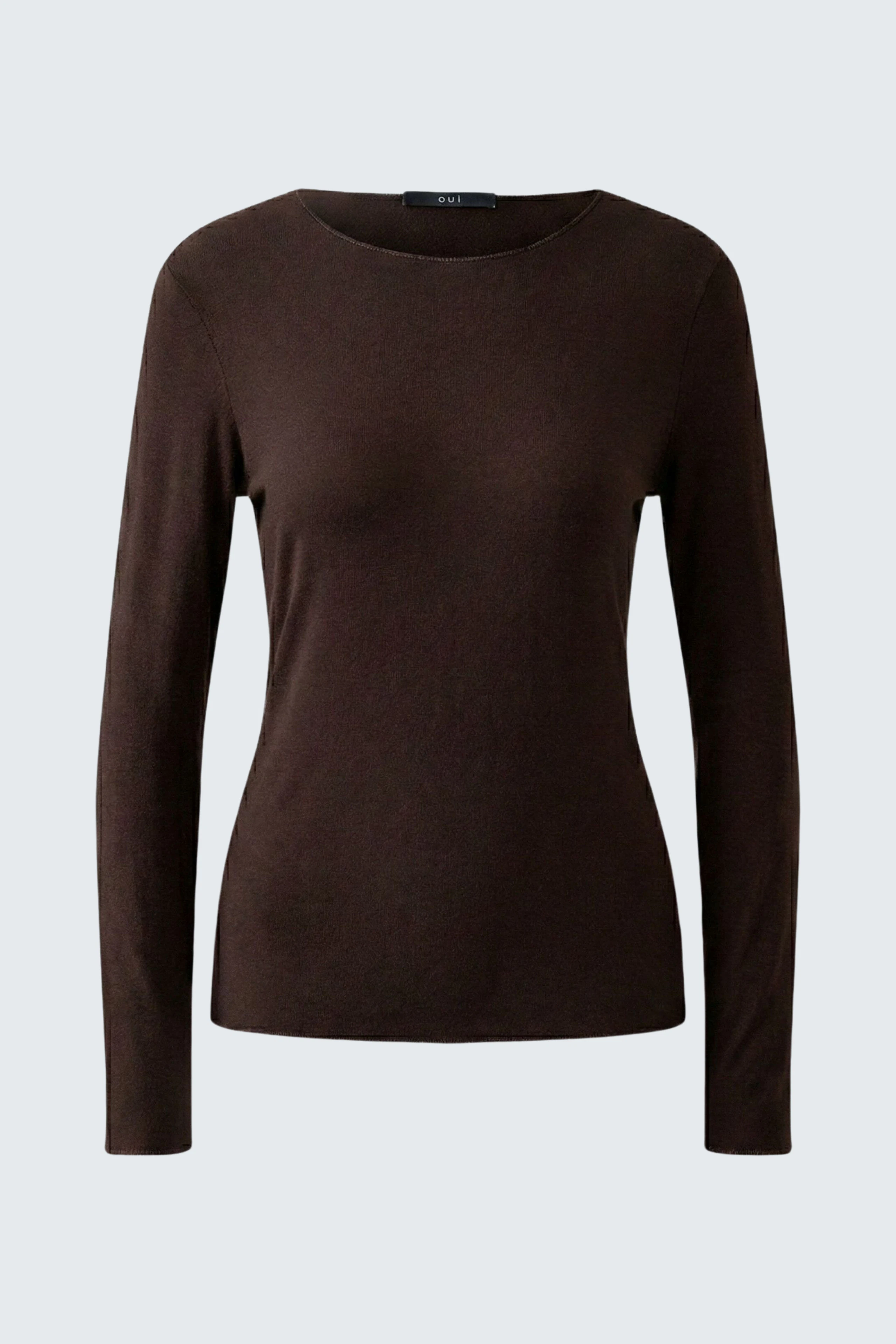 Simple long-sleeve shirt in dark brown, perfect for layering or wearing alone. Casual and versatile.