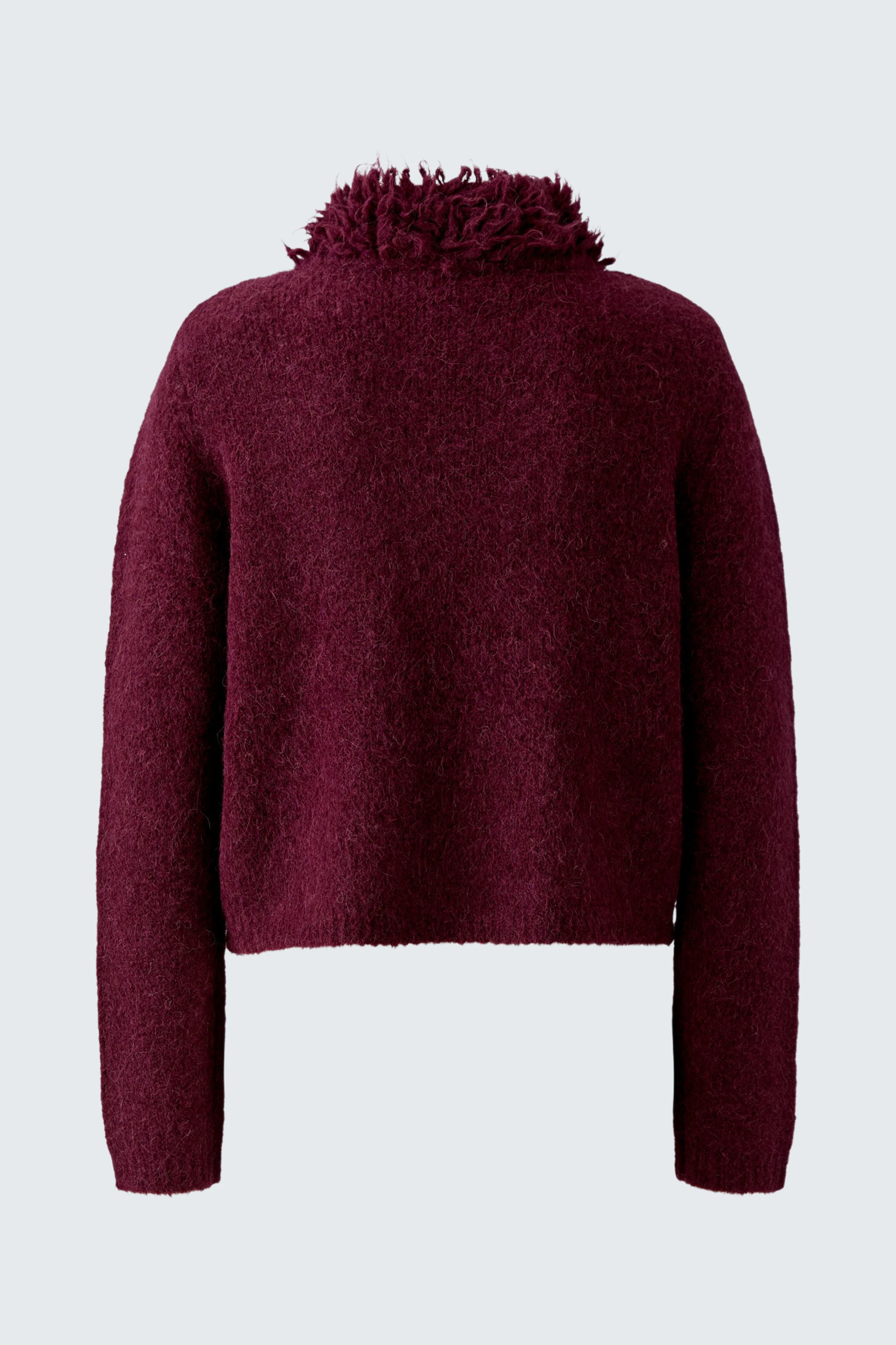 Cozy women's cardigan in deep burgundy, featuring a fluffy collar and relaxed fit, perfect for layering.