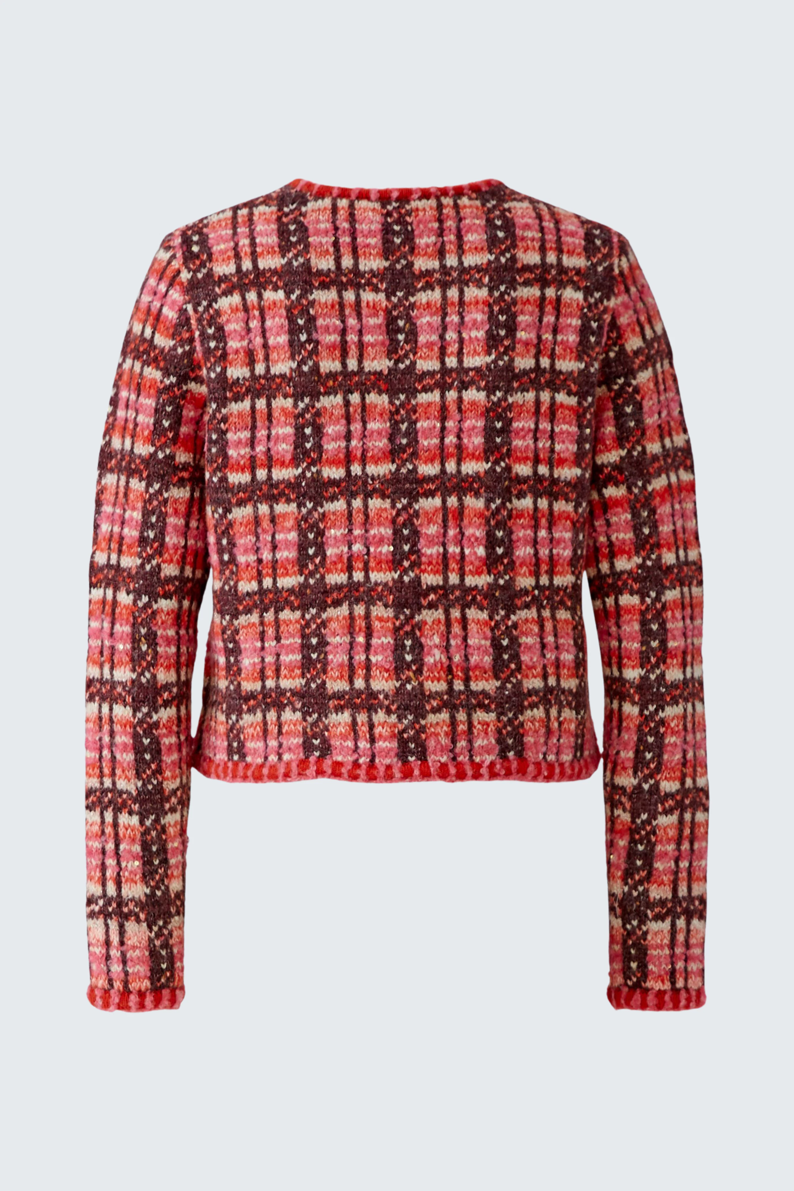 Bunte Strickjacke: Rote und schwarze Karos, langärmelig, ohne Model, ideal für lässige Outfits.