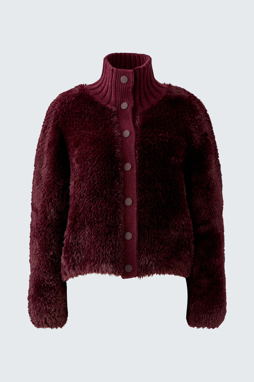 Cozy women's cardigan: Burgundy knit cardigan with a high collar and button-up front.
