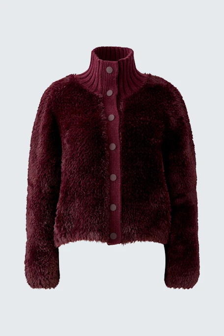 Cozy women's cardigan: Burgundy knit cardigan with a high collar and button-up front.