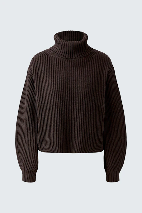Kuscheliger Damen-Pullover: Brauner Strickpullover mit Rollkragen, ideal für kalte Tage.