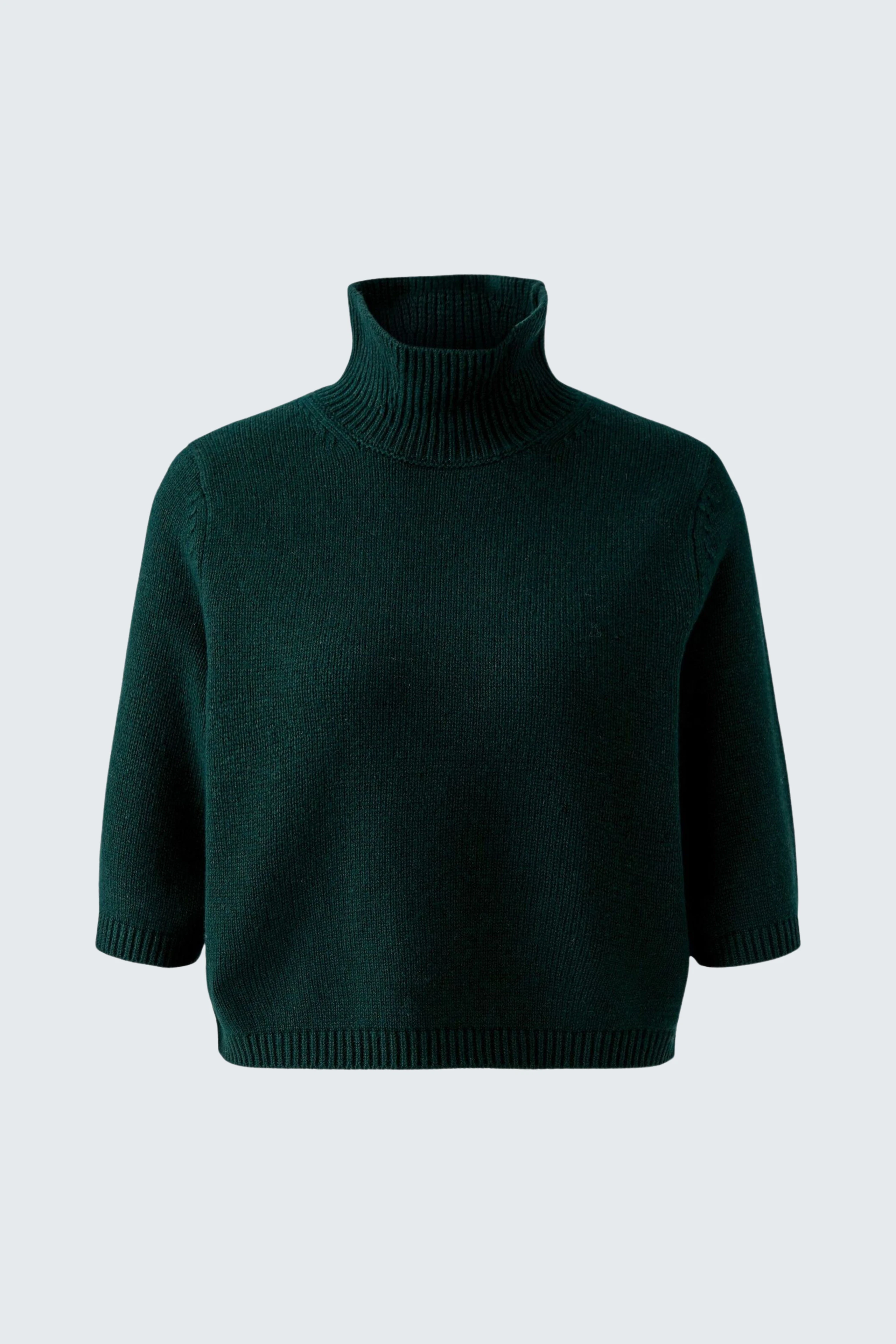 Dark green turtleneck pullover with 3/4 sleeves, perfect for a cozy and stylish look.