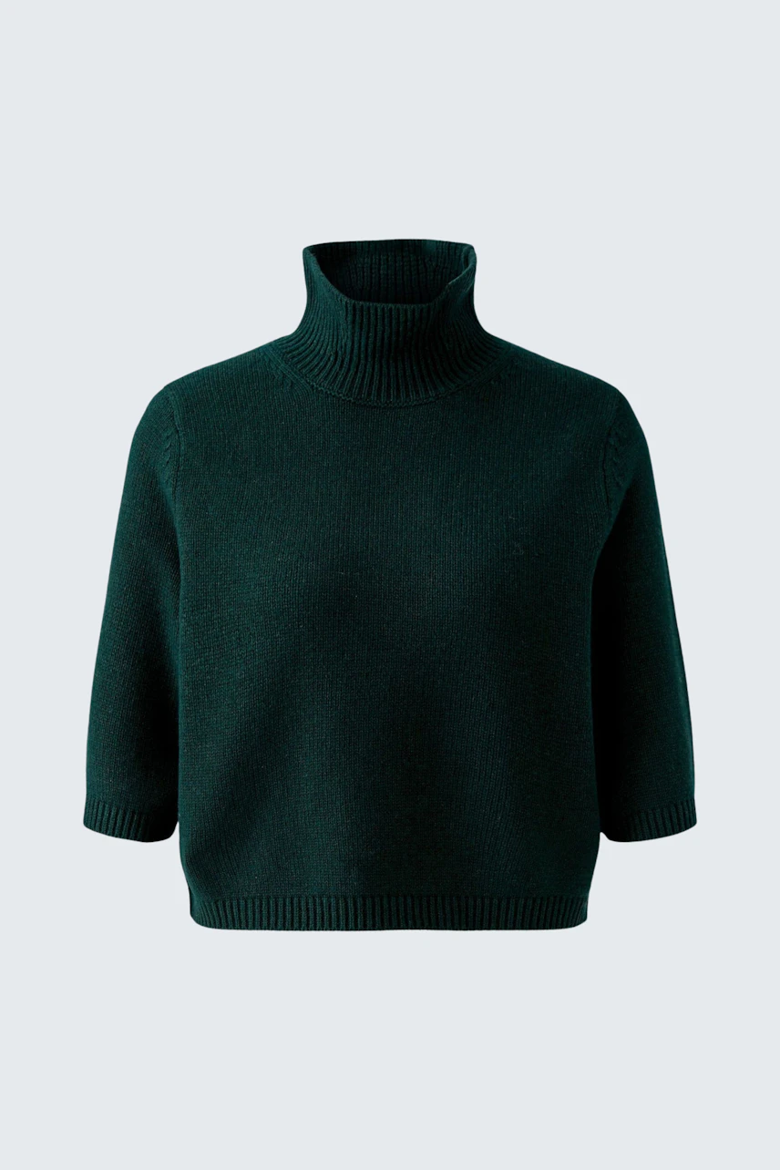 Dark green turtleneck pullover with 3/4 sleeves, perfect for a cozy and stylish look.