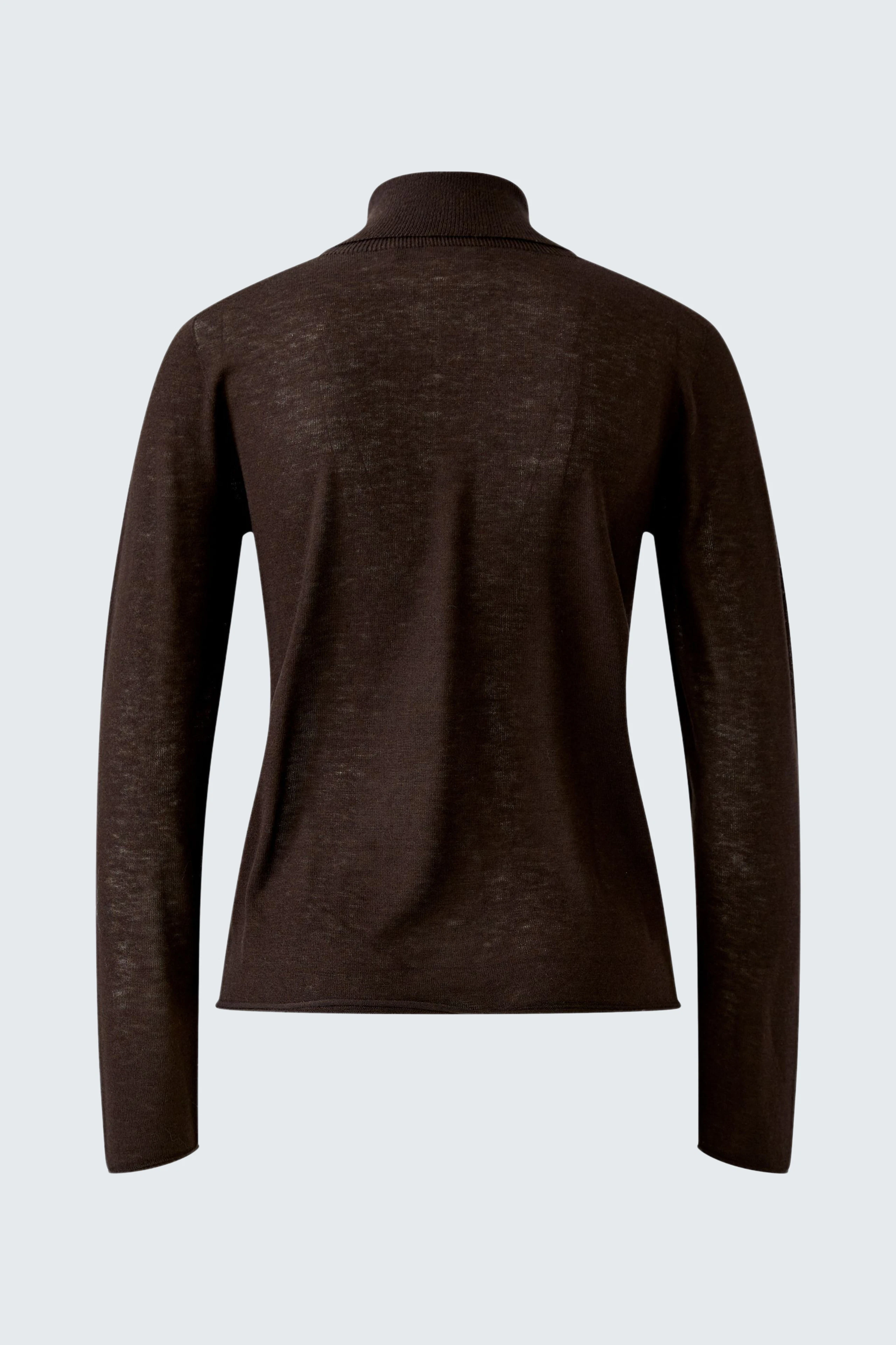 Schlichter Damen-Pullover: Rückansicht eines braunen Pullovers mit langen Ärmeln und Stehkragen.