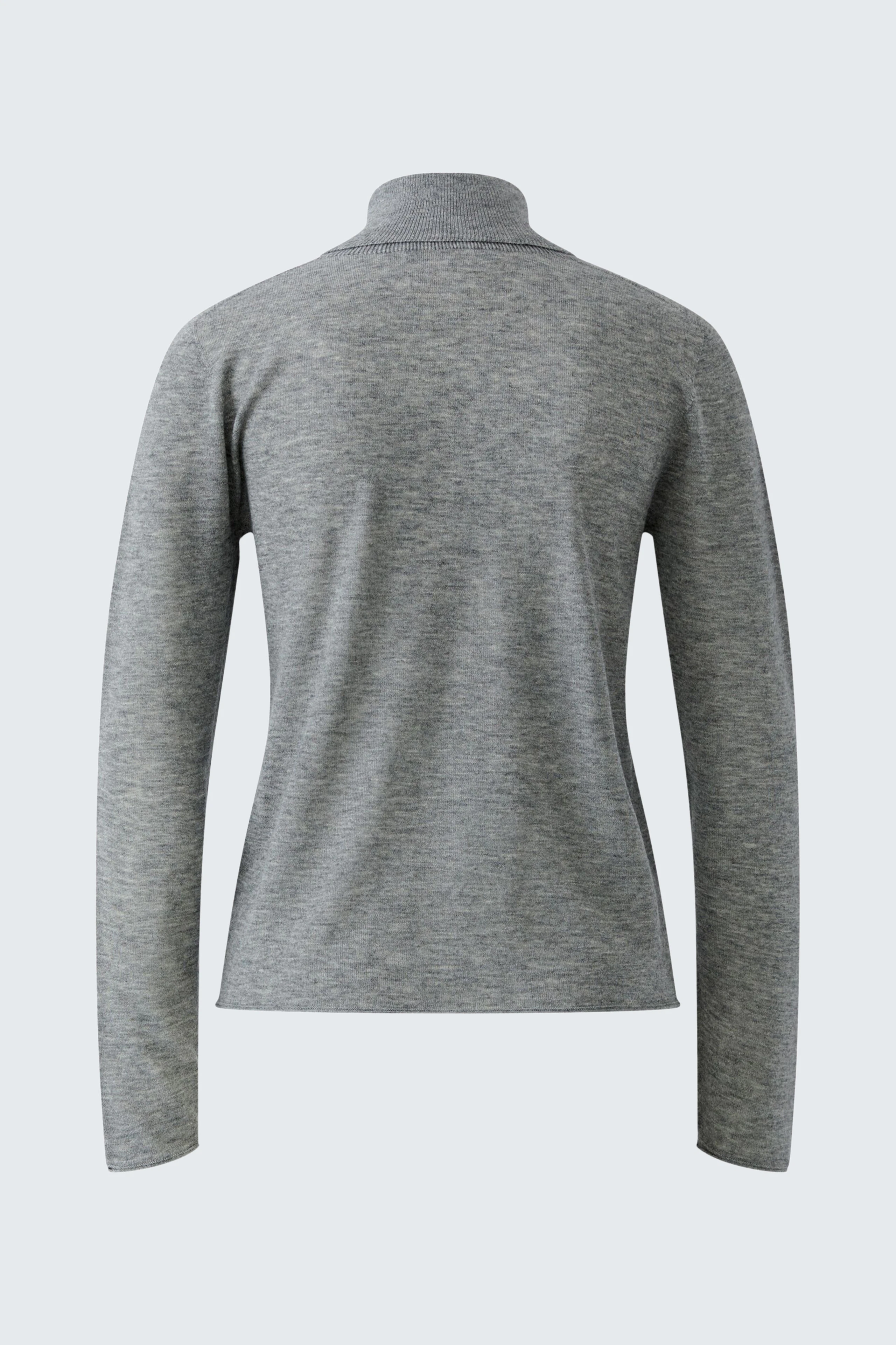 Casual women's pullover: Back view of a grey pullover with long sleeves and a high collar.