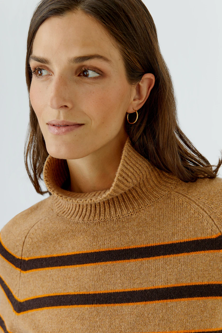 Frau im gestreiften Pullover mit Rollkragen, braun mit orange und schwarz, lässiger Look.