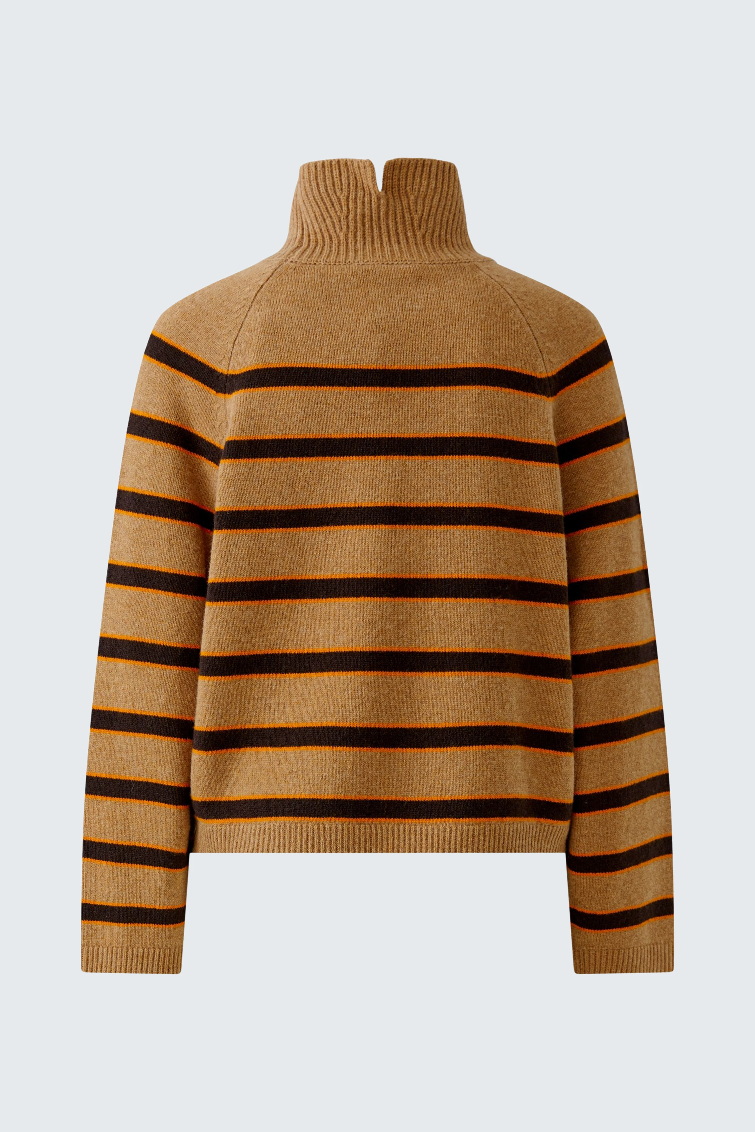 Gestreifter Damen-Pullover: Brauner Pullover mit schwarzen Streifen und hohem Kragen, ohne Model abgebildet.