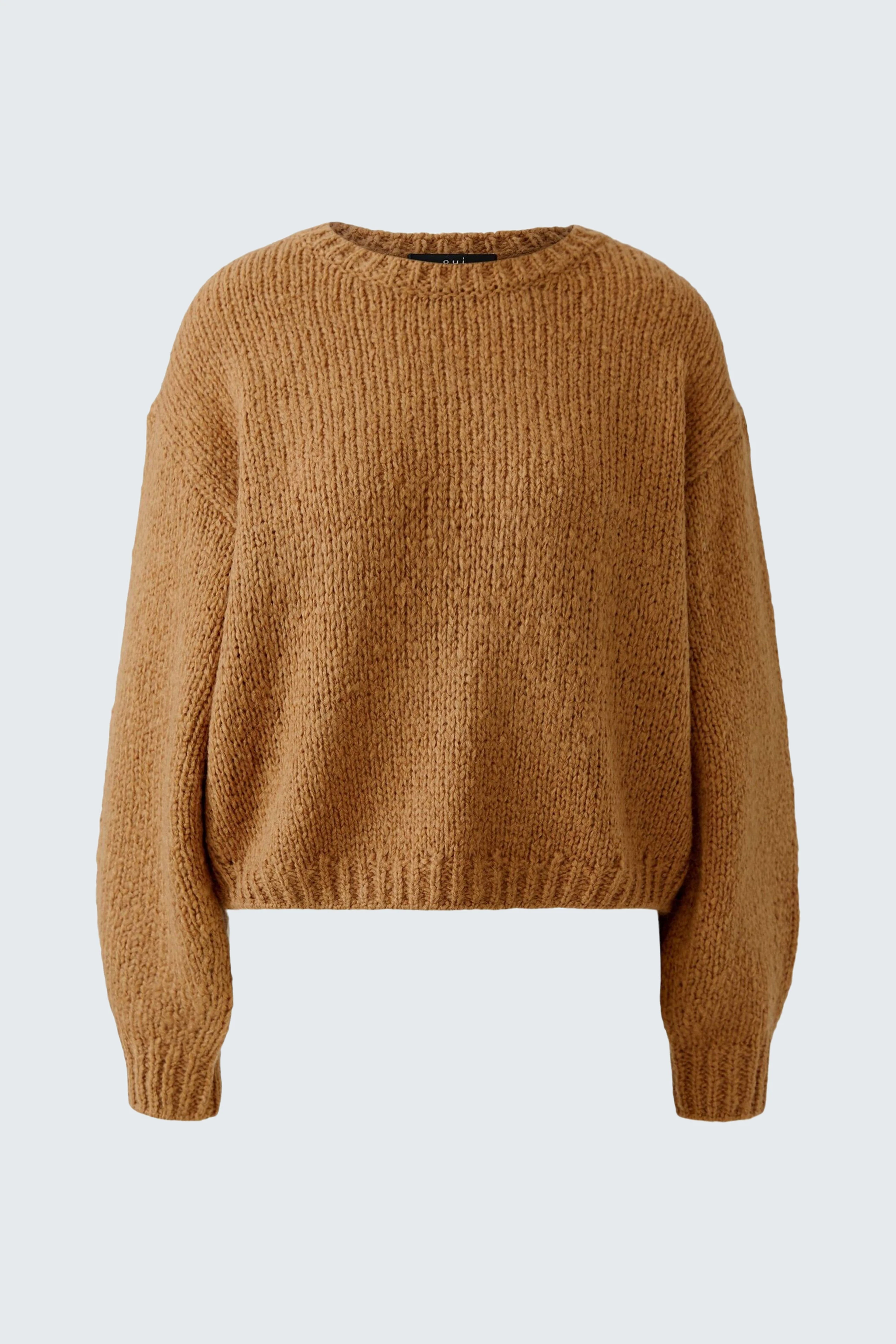 Cozy brown pullover: Soft knit texture, relaxed fit, perfect for casual comfort.