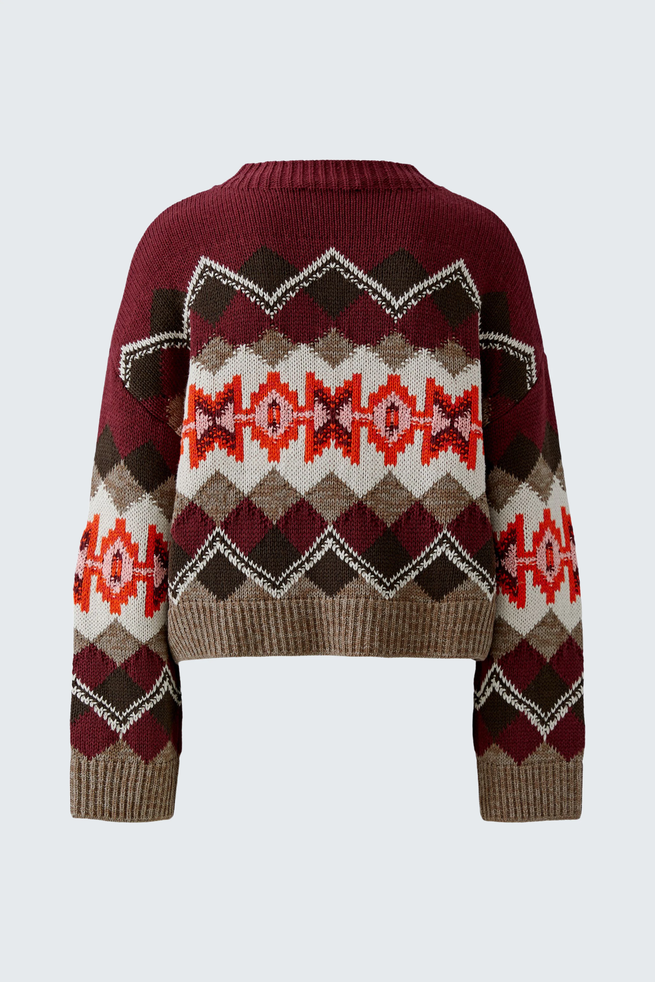 Gemusterter Damen-Pullover: Bunter Strickpullover mit geometrischen Mustern in Rot, Braun und Beige.