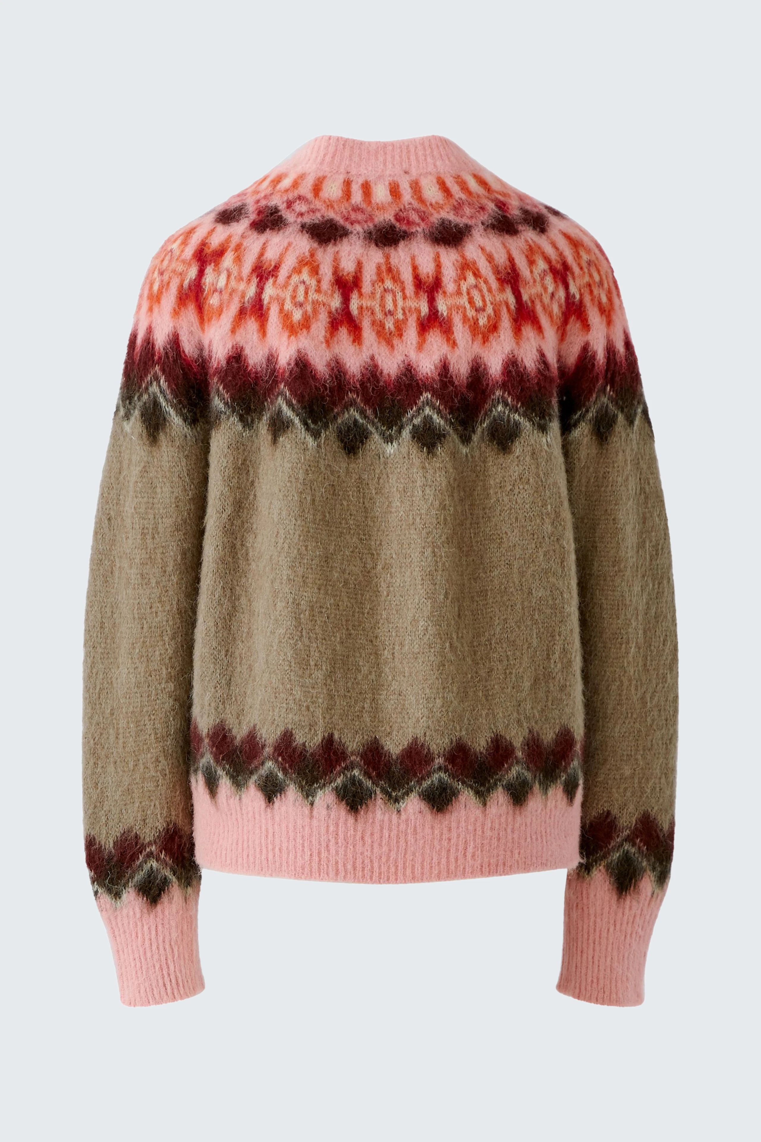 Gemusterter Damen-Pullover: Bunter Strickpullover mit geometrischem Design in warmen Tönen, ohne Model.