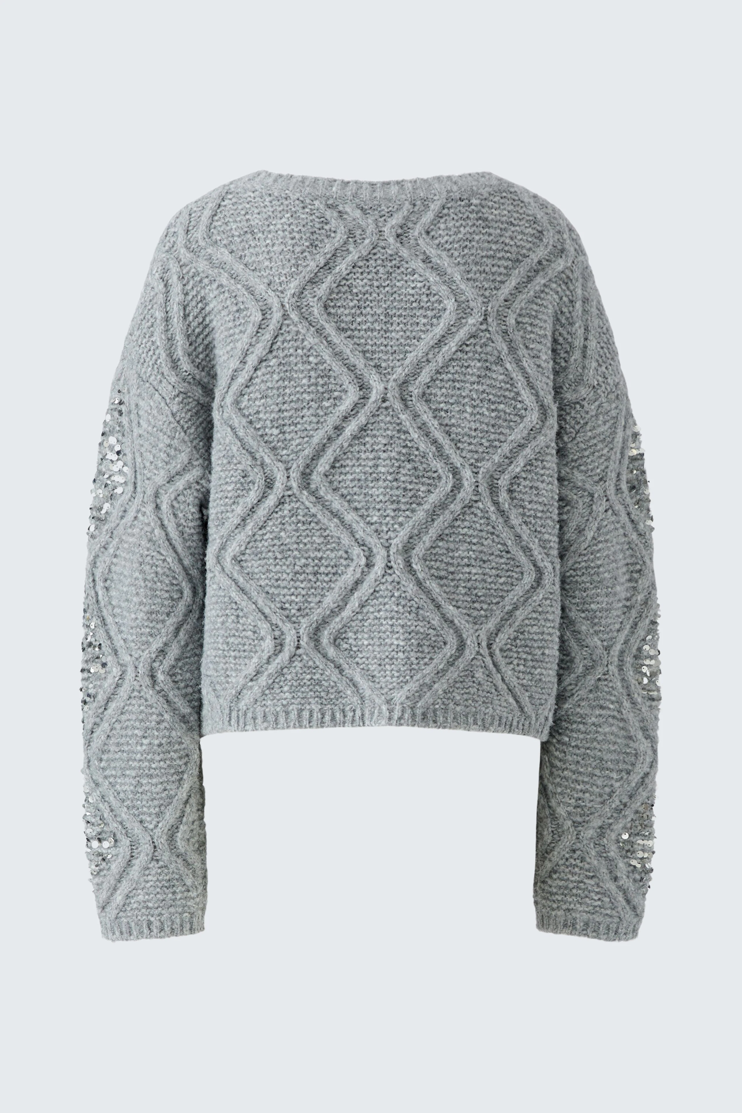 Grauer Damen-Pullover: Strickpullover mit geometrischem Muster, ideal für lässige Outfits.