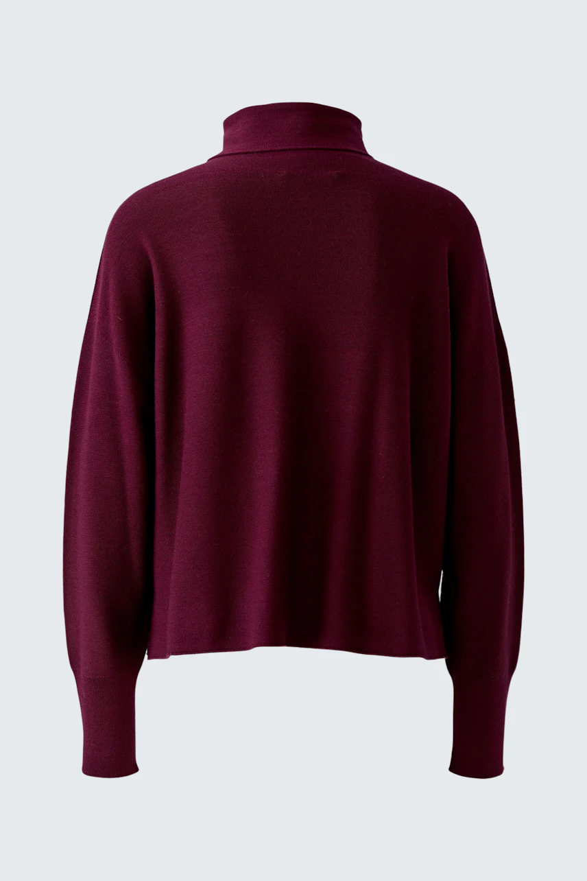 Burgundy pullover: Simple, cozy design with a high neck, perfect for casual wear.