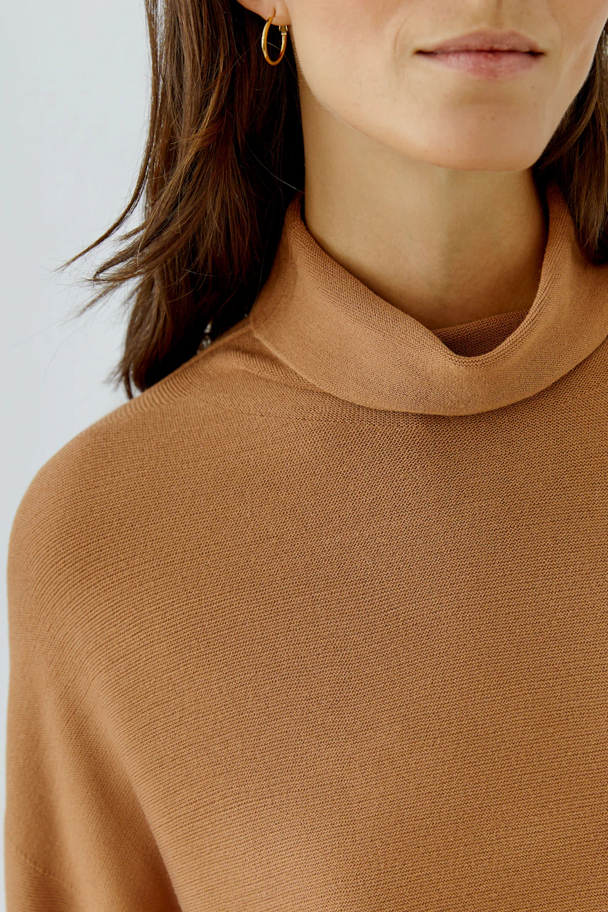 Casual women's pullover: Woman in a brown turtleneck pullover with simple gold hoop earrings.