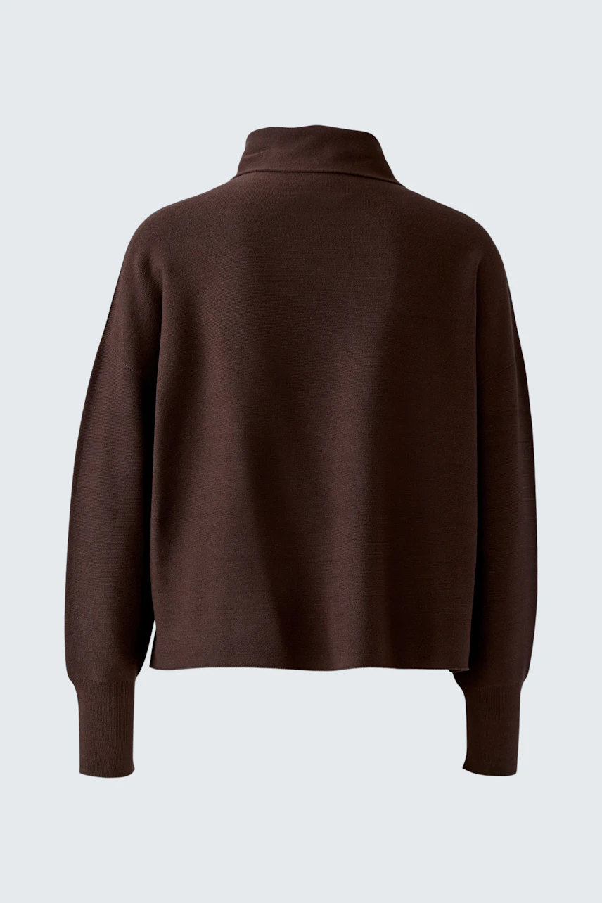 Casual women's pullover in brown, shown from the back. Simple design with a relaxed fit.