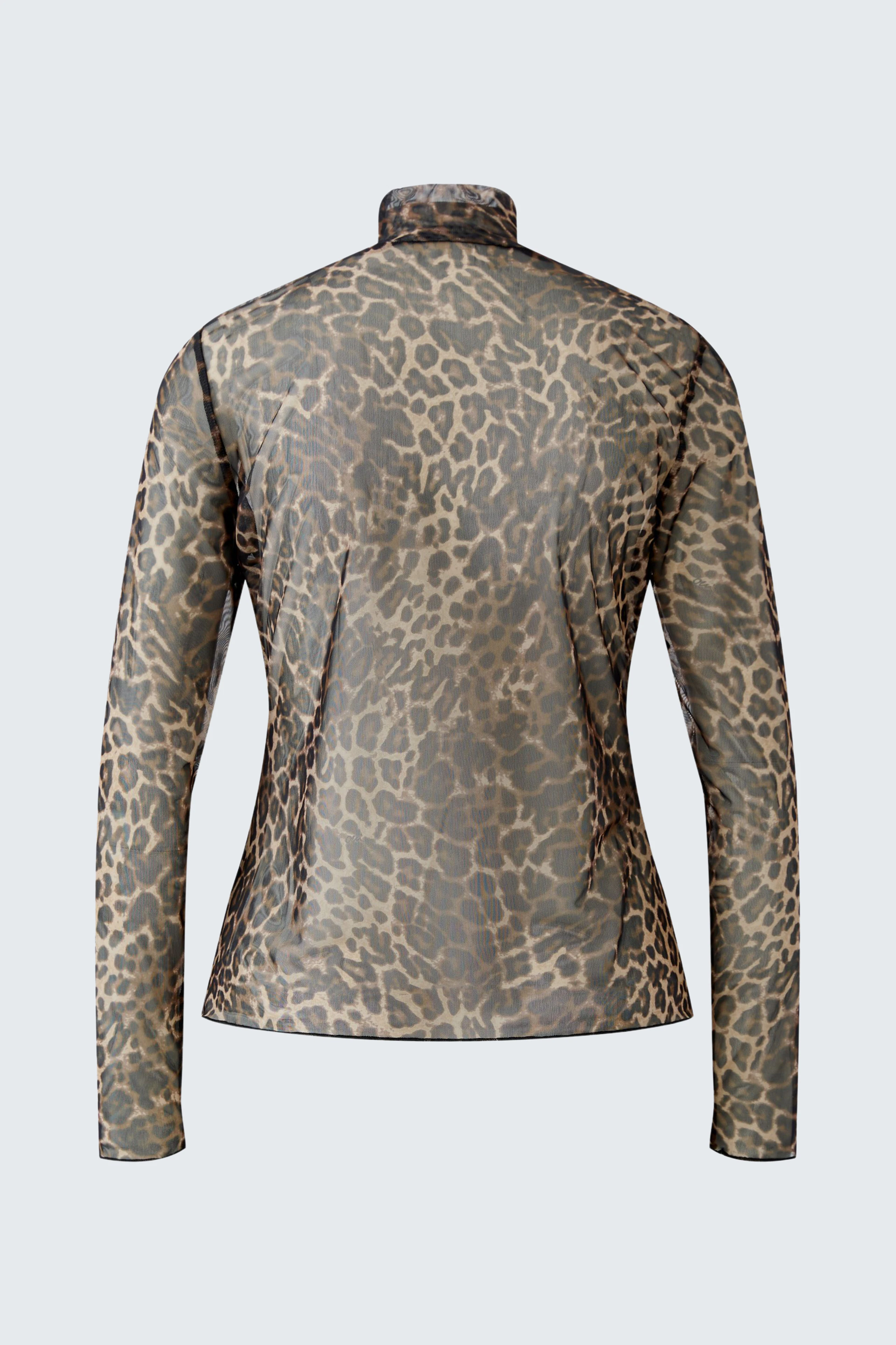 Leopard print long-sleeve shirt: Back view of the shirt with a high collar and fitted design.