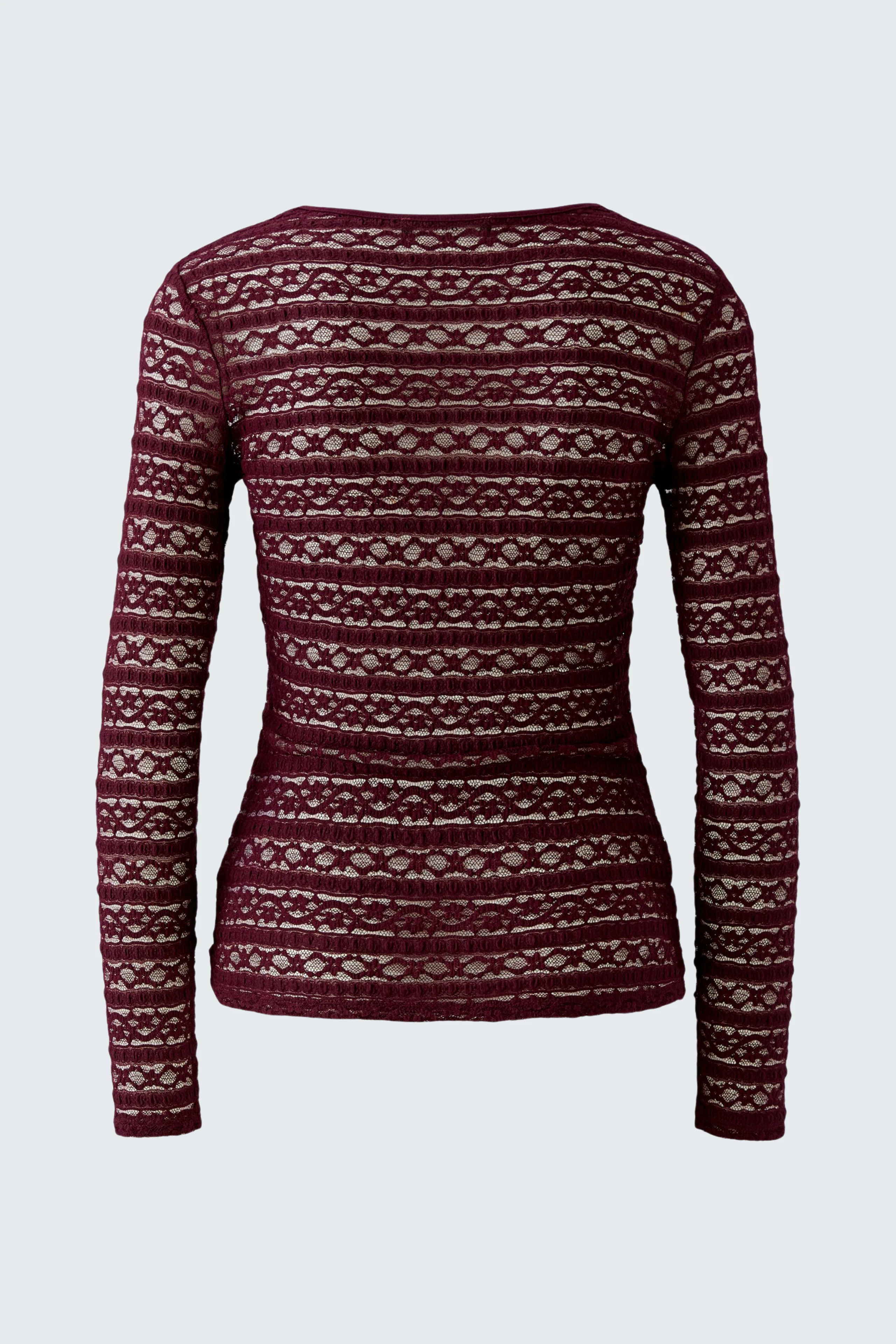 Women's long-sleeve shirt: Burgundy with white patterns, shown from the back, highlighting the design.