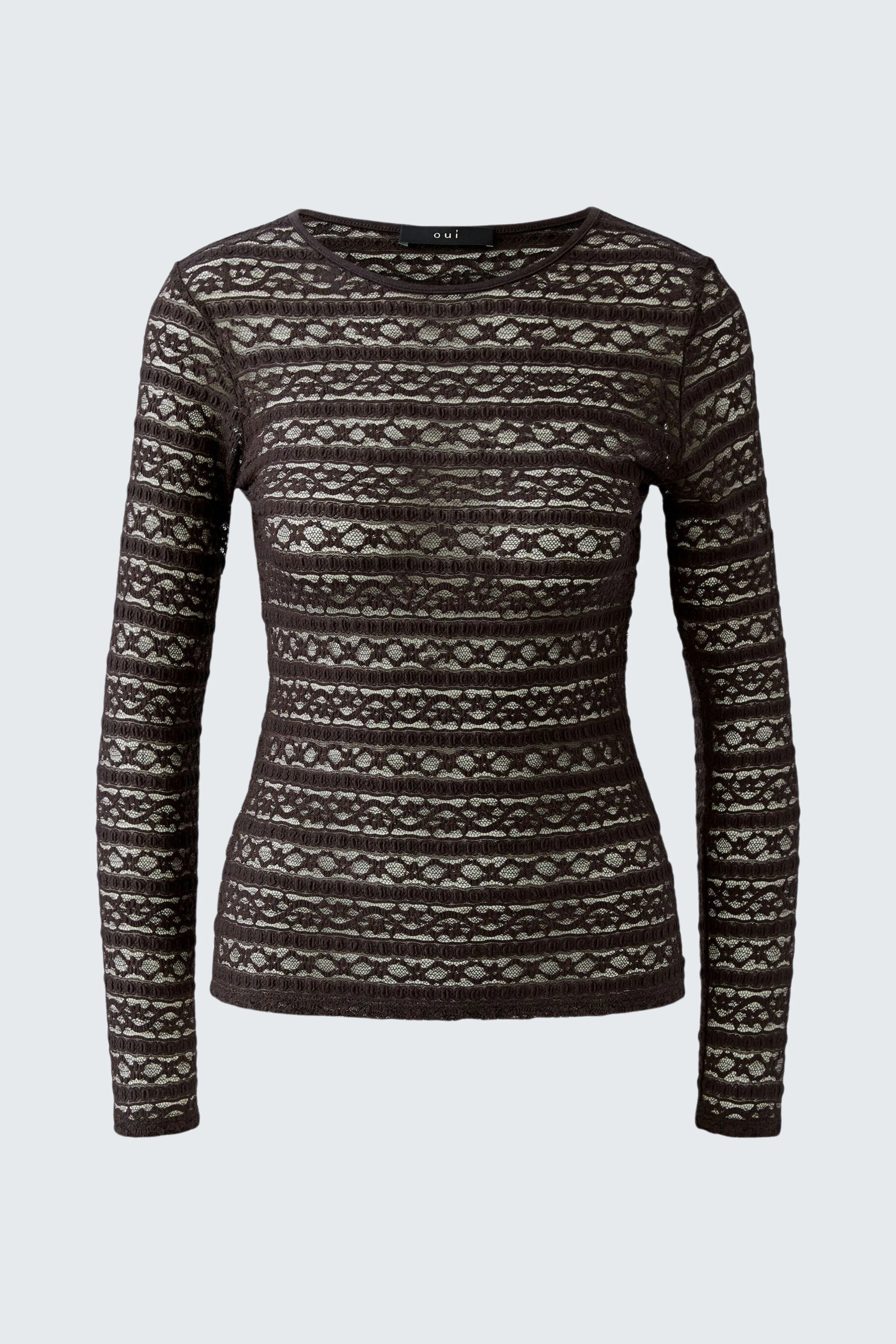 Gemustertes Langarmshirt: Eng anliegendes Shirt mit braun-beigem Muster, ideal für lässige Outfits.