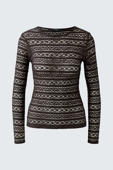 Gemustertes Langarmshirt: Eng anliegendes Shirt mit braun-beigem Muster, ideal für lässige Outfits.