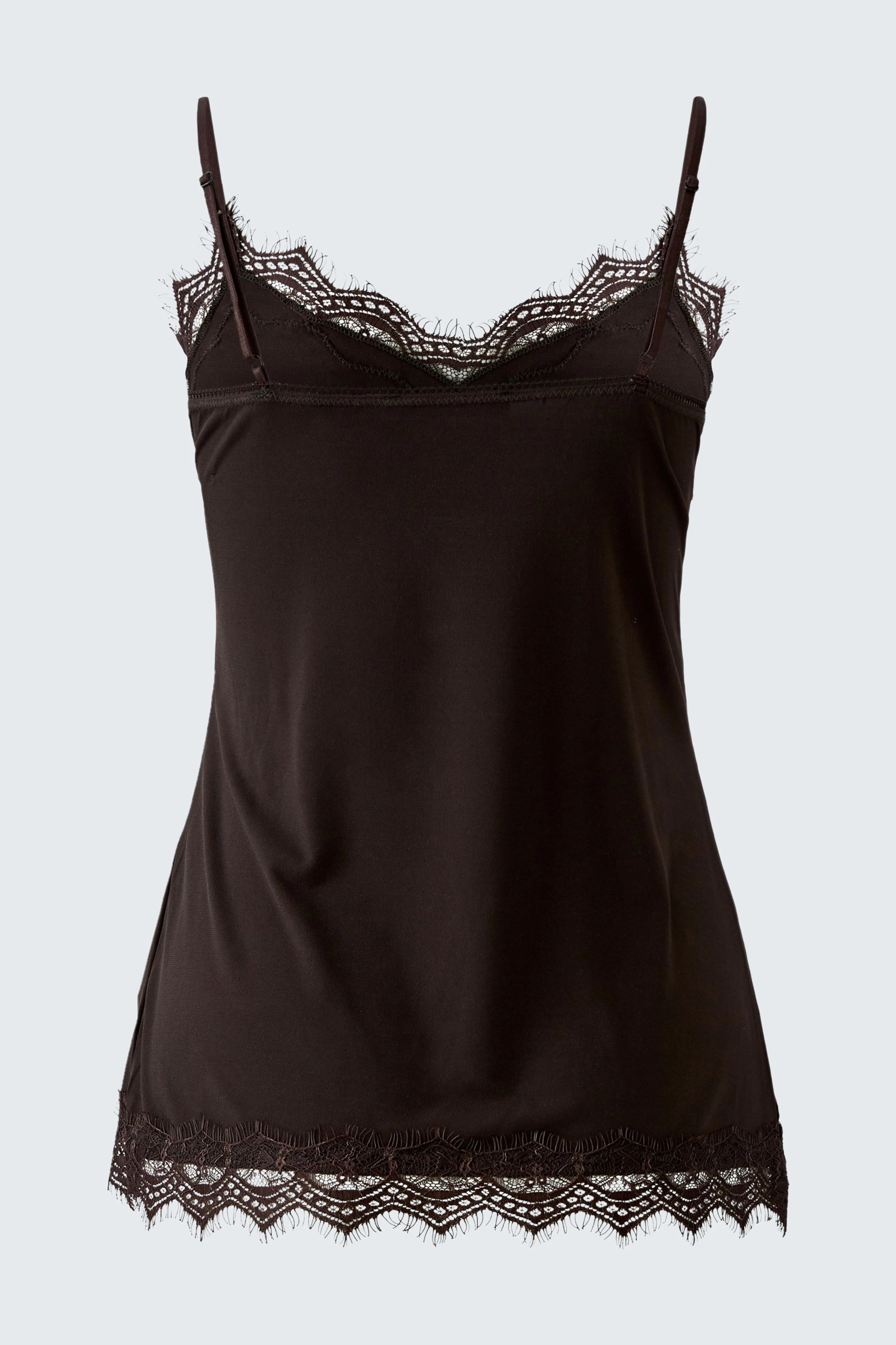 Schwarzes Damen-Top mit Spitzenbesatz am Ausschnitt und Saum, ärmellos und schlicht im Design.